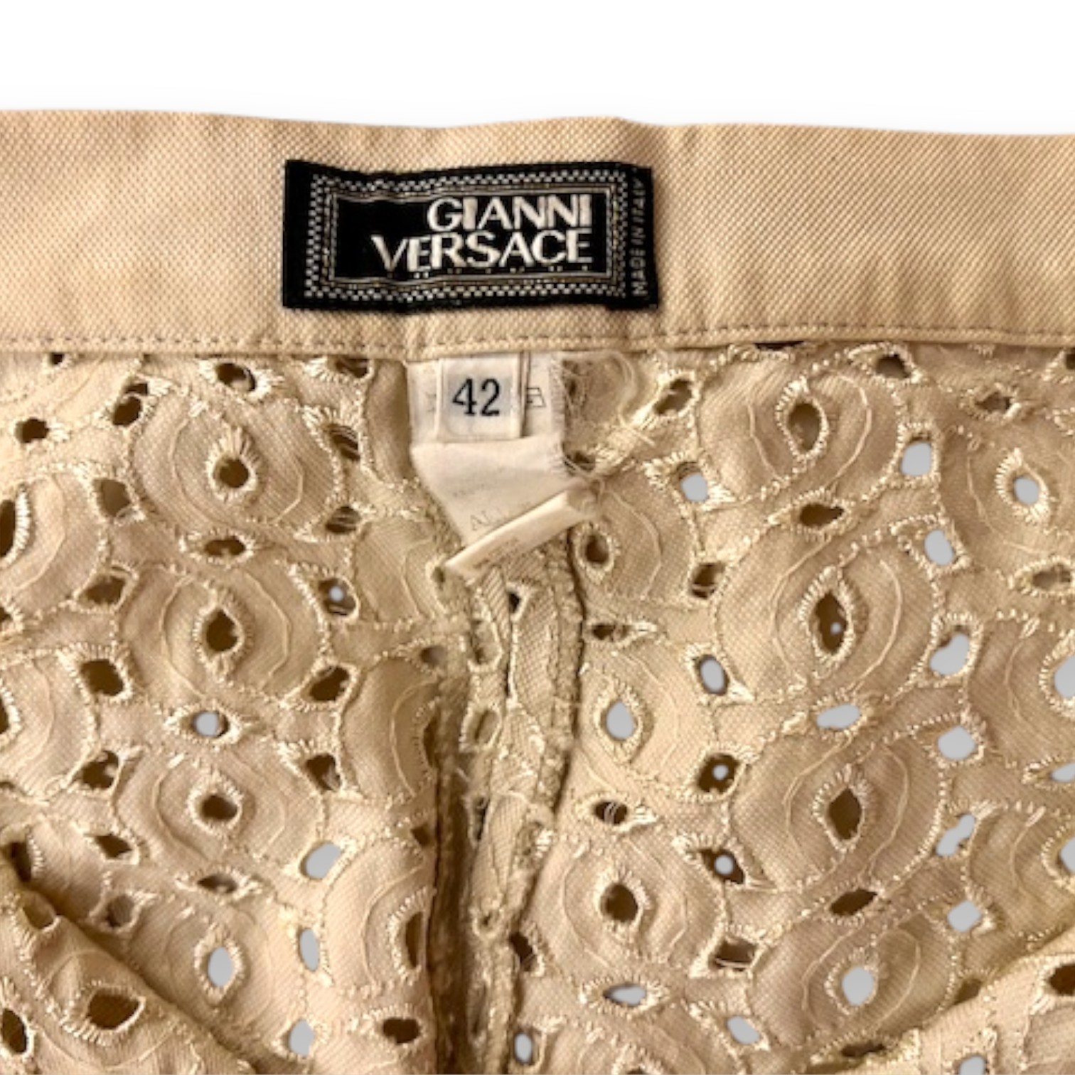 Gianni Versace Vintage Couture Ecru Unlined Lace Eyelet Pants Made in Italy Rare