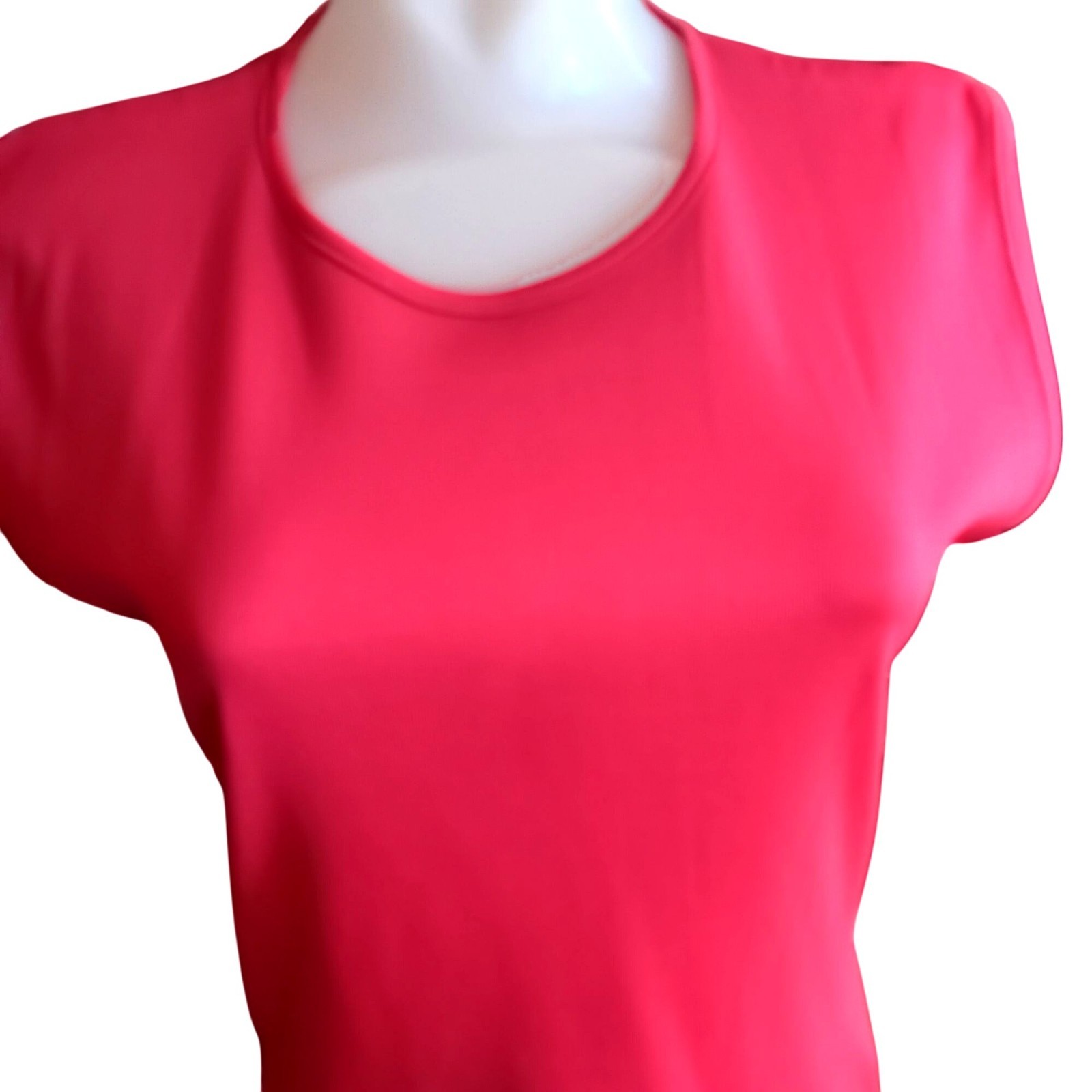 Vintage Womens T-shirt Top LARGE Polyester Slinky Sleeveless HOT RED Zipback 80s