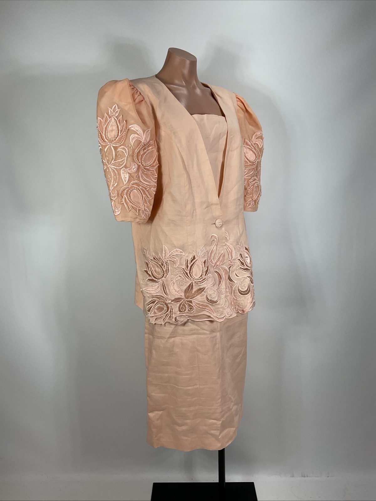 Vintage 80s DAVINCi Pink Suit Puffy Sleeve Suit Jacket Skirt 16X Beaded Linen
