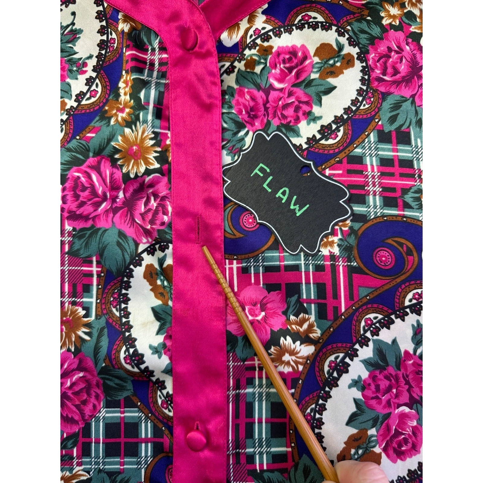 Vintage Dora C Night Shirt M Satin Floral Plaid Paisley Grandmacore Pink 80s