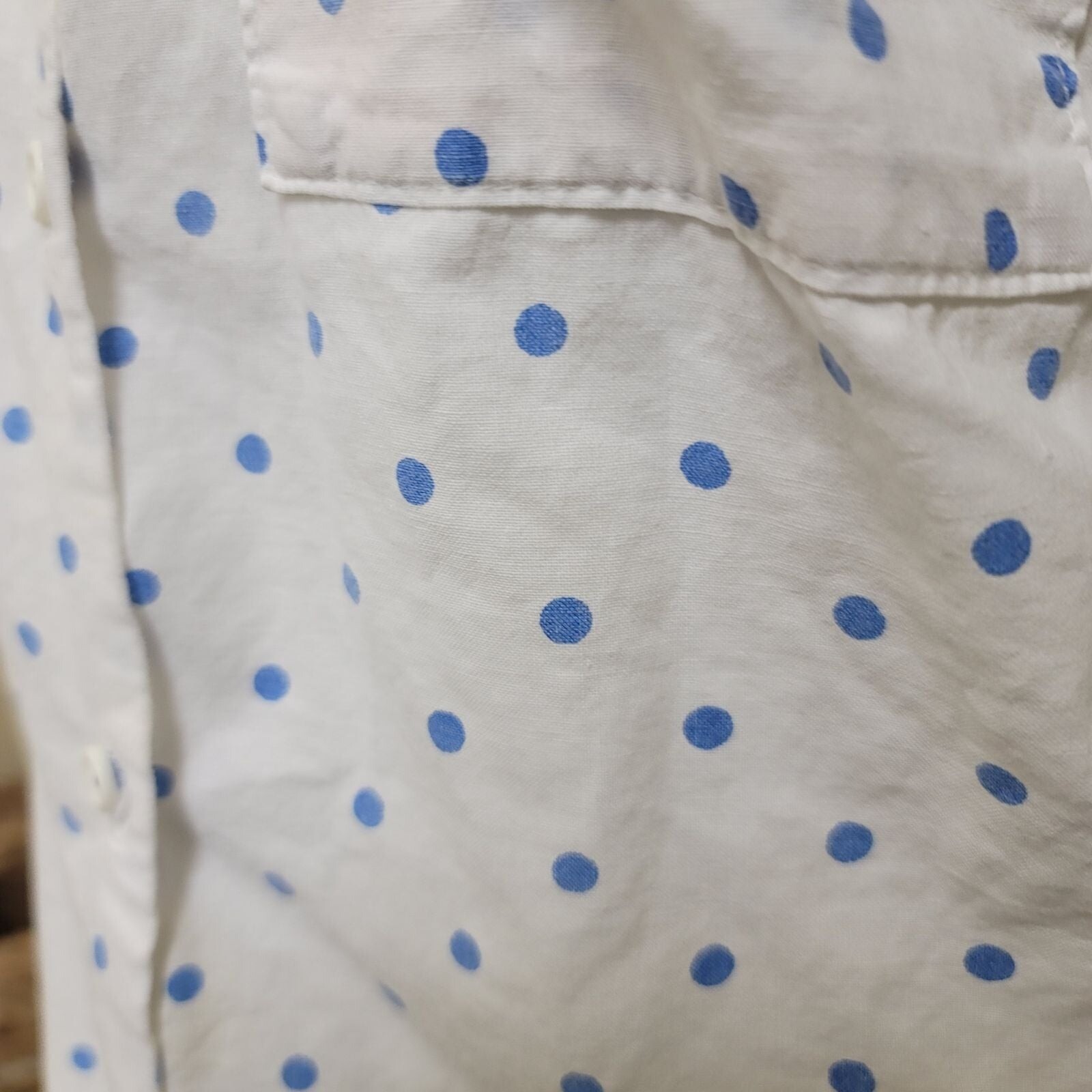 Vintage 80’s button up polka dot short sleeve retro white blue collared boyfrien