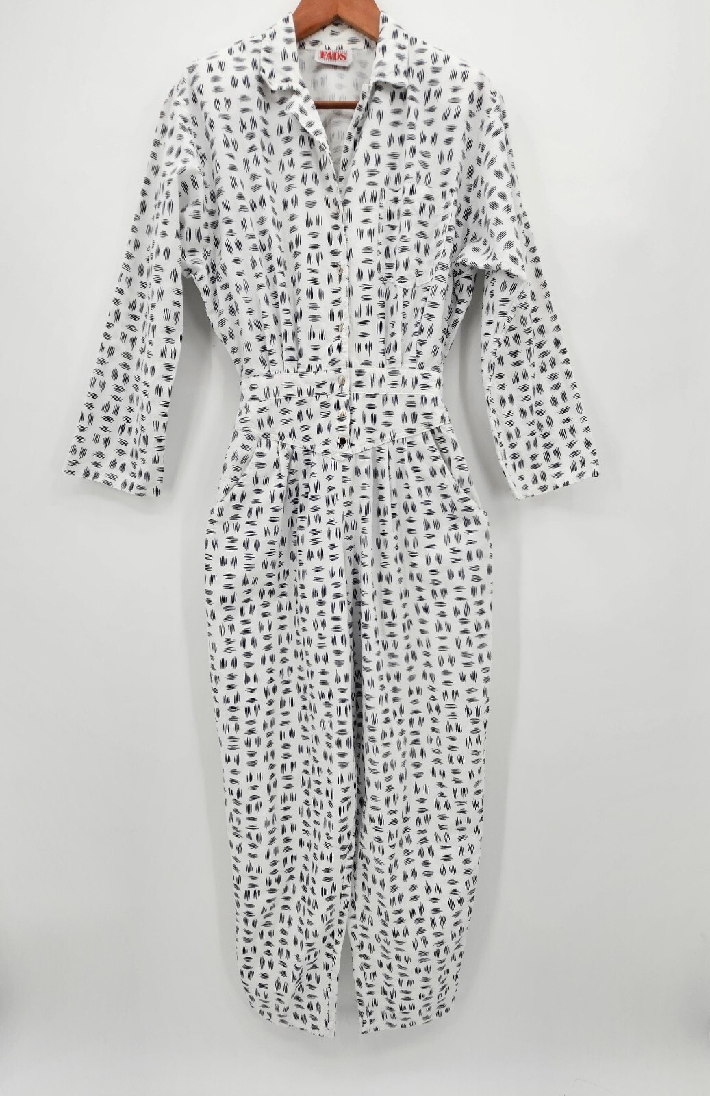 Vintage 80s FADS Cotton Jumpsuit Women’s size 9/10 White Print Shoulder Pads USA