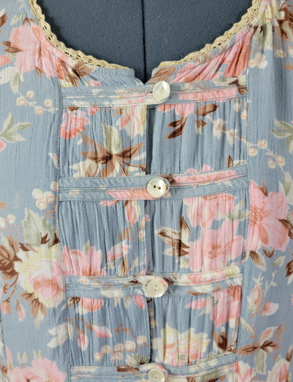 Vintage Ellen Ashley Blueish Grey Dress w Pink & Cream Florals Size 14P
