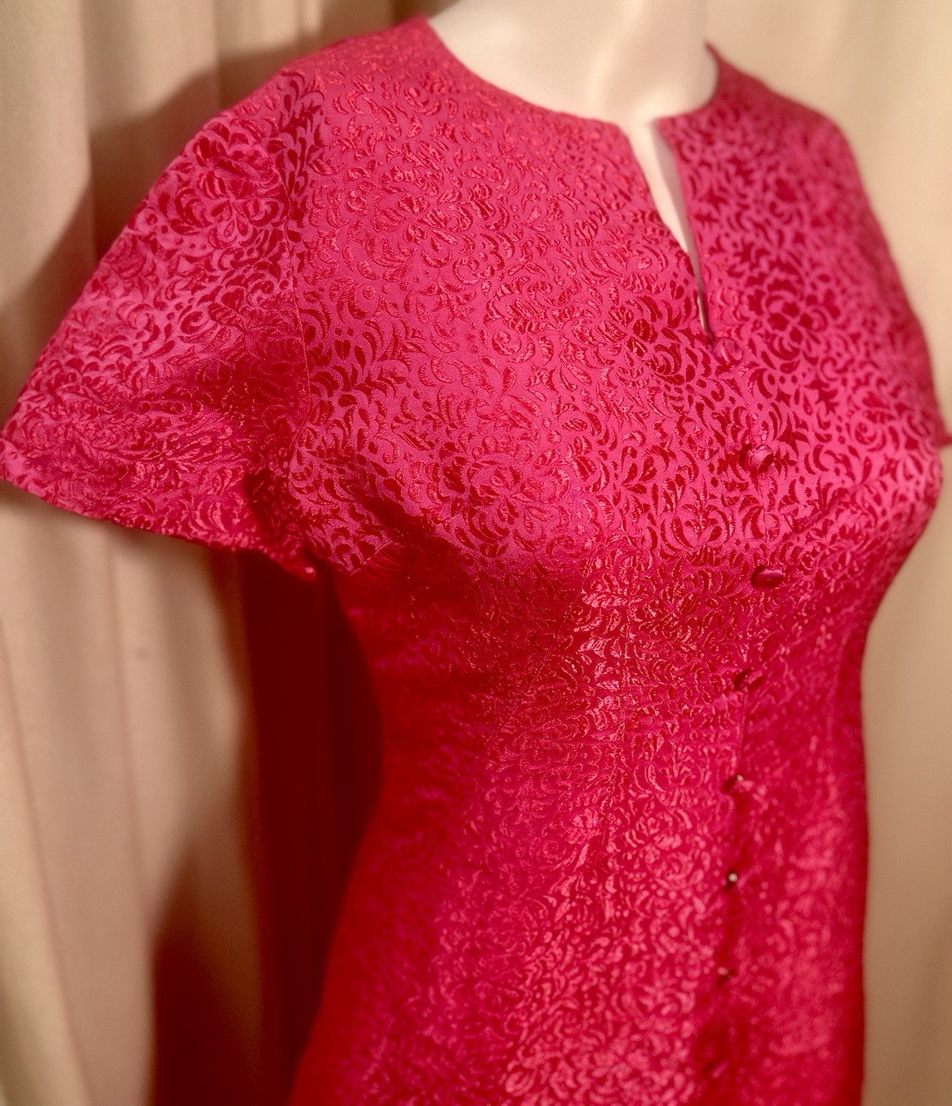 Vtg 50s 60s Handmade Hot Pink Jacquard Mod Go Go Cocktail Shift Mini Dress SZ S