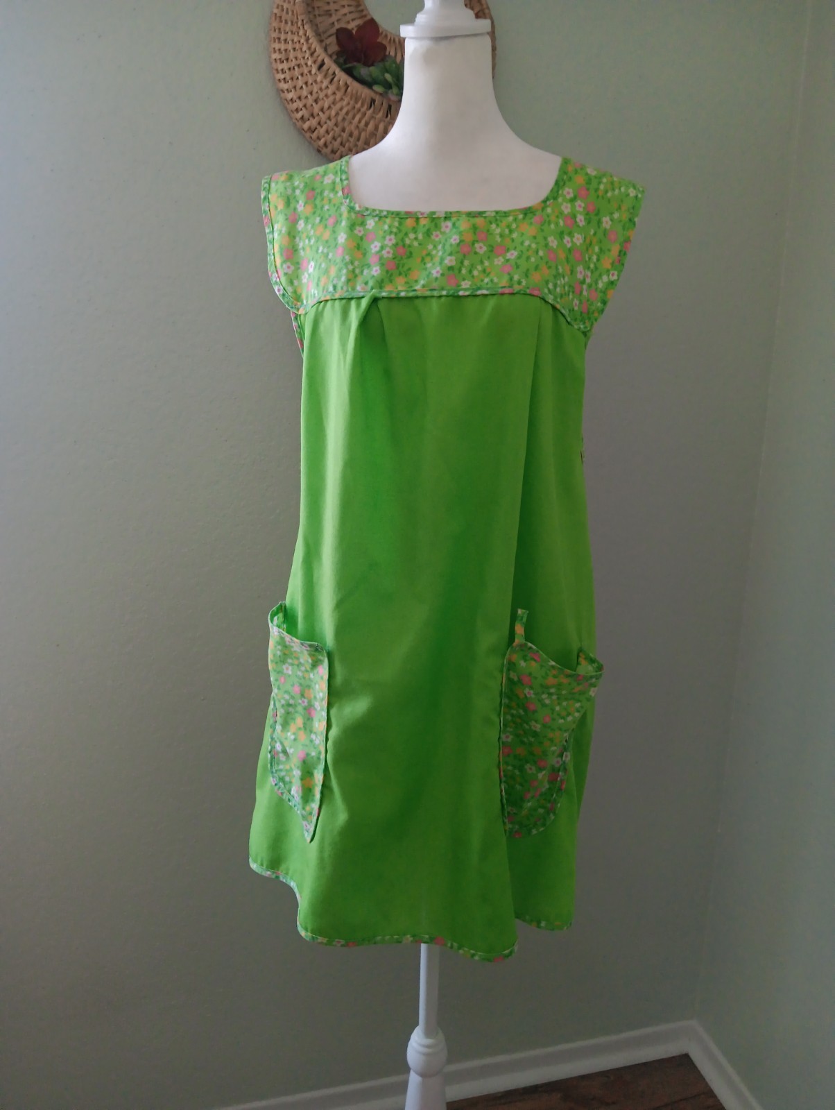 Vintage 60s Green Yellow Floral Smock Blouse Tent Boho