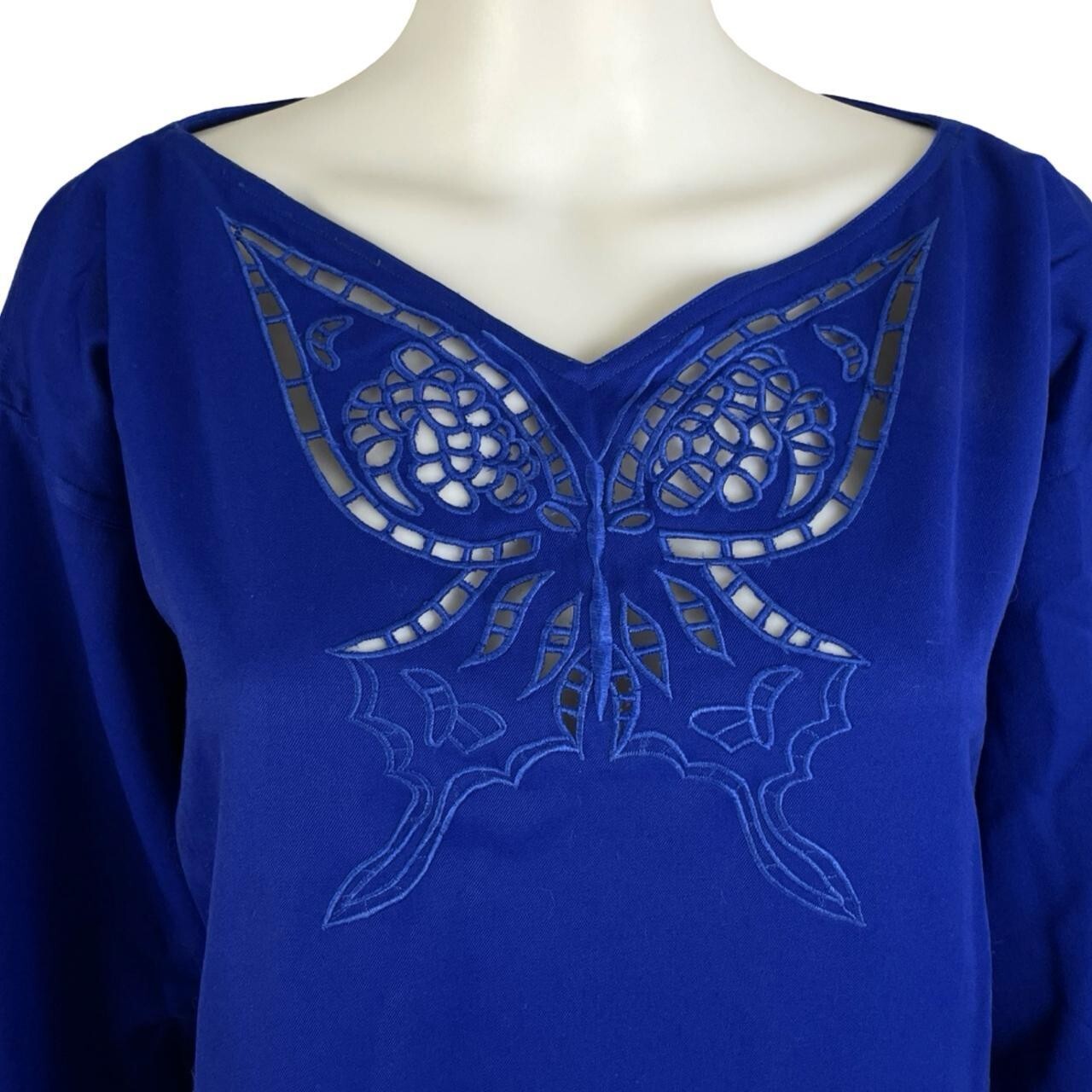 Vintage Butterfly Embroidered Dress Size Medium 1970s Cobalt Blue Twill Wool