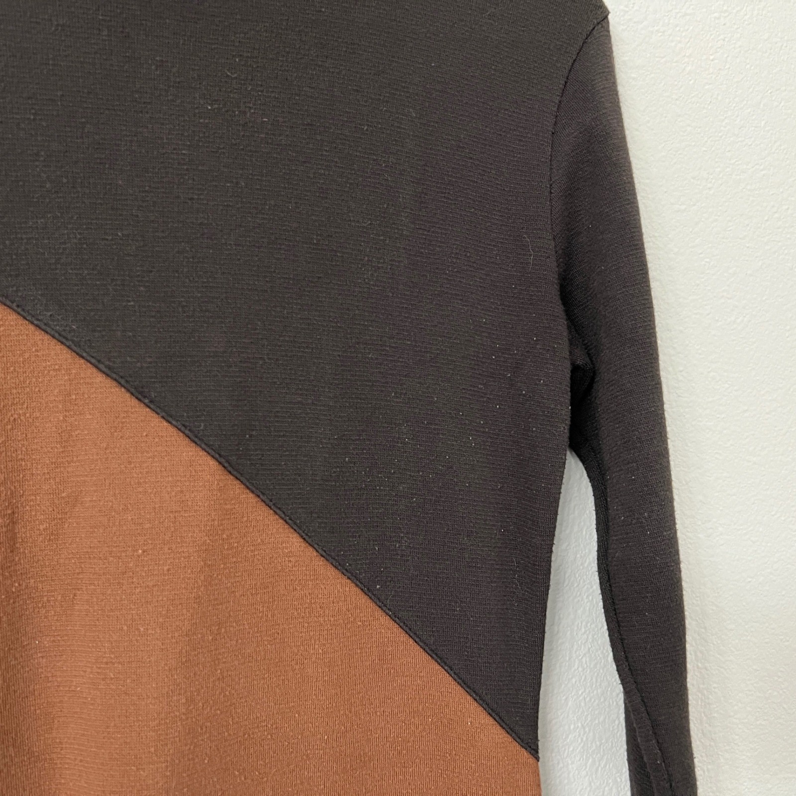 Vintage 90s Stylework Brown Black Colorblock Midi Dress Mock Neck Mod Minimalist