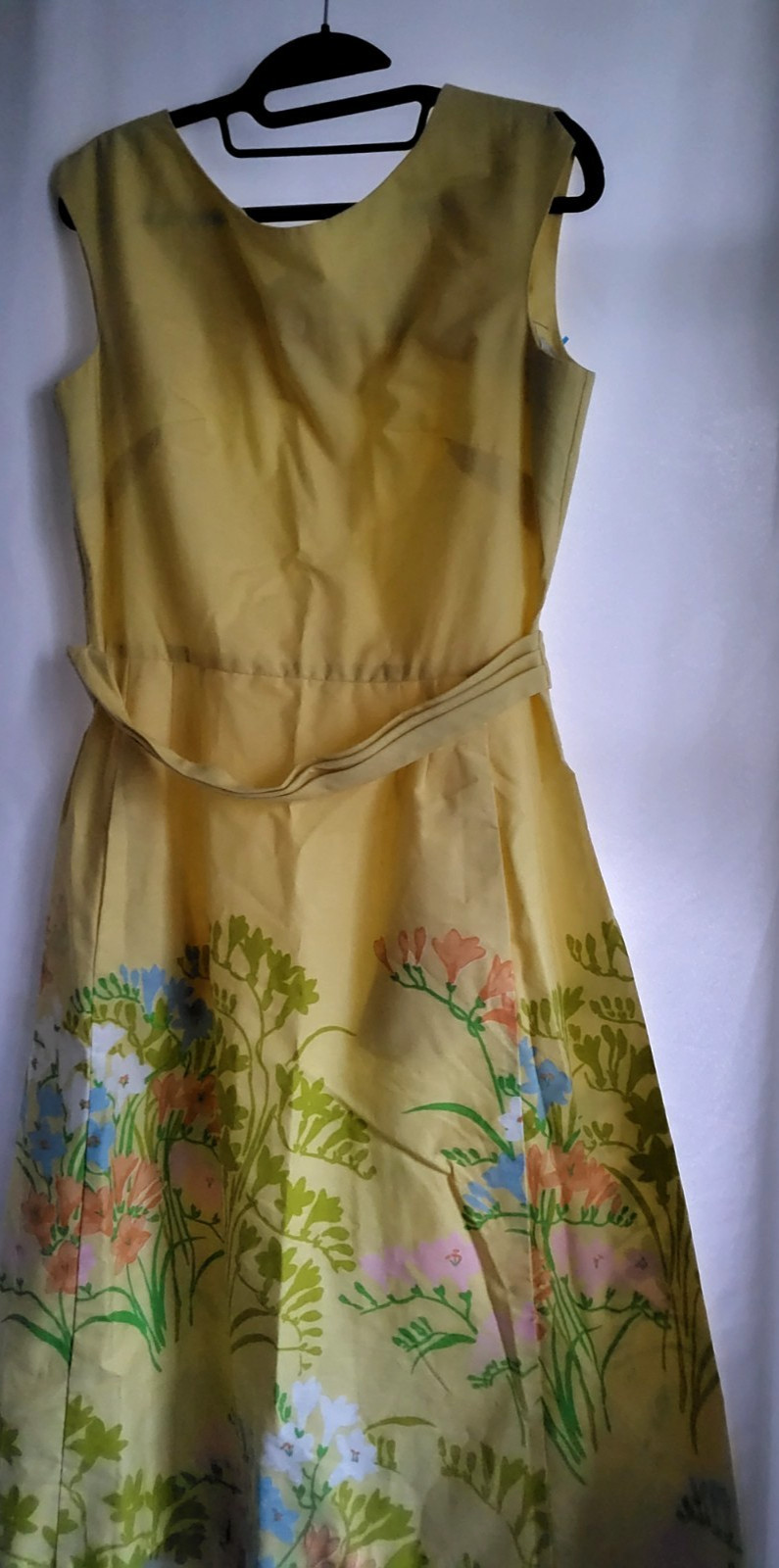vtg women day dress pat premo california S/M cotton yellow floral midi 50’s 60’s