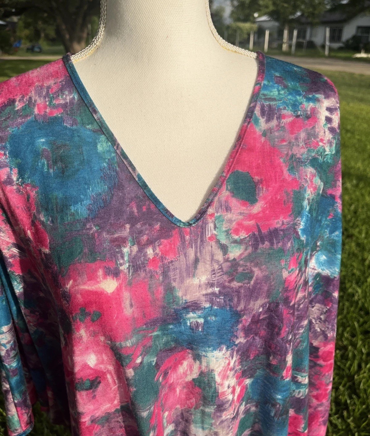 Caftan Lounge Dress Batwing Floral Plus Size Pink Blue Made USA Vintage