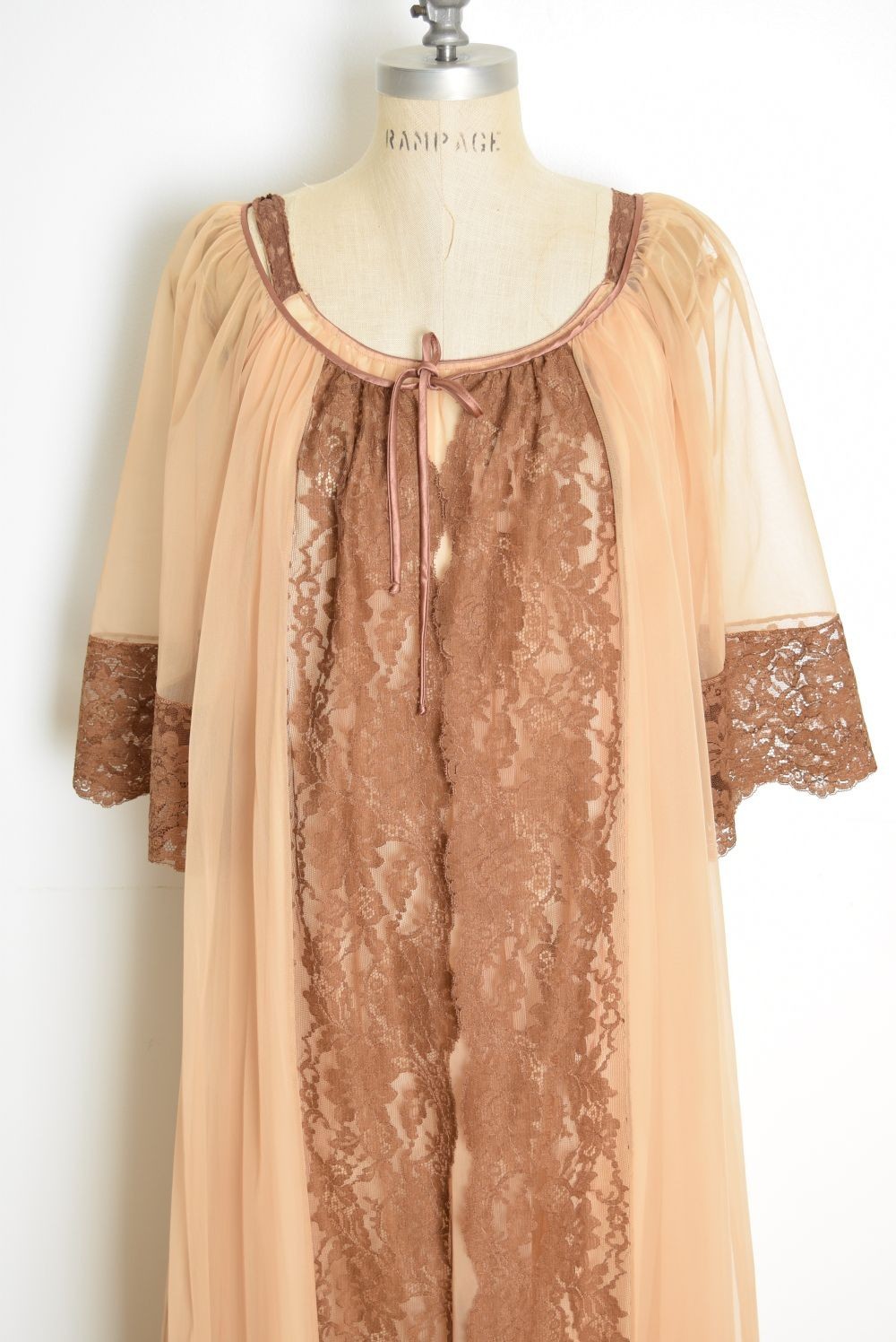 vintage 60s 2pc nightgown peignoir set chiffon lace Jenelle lingerie robe M