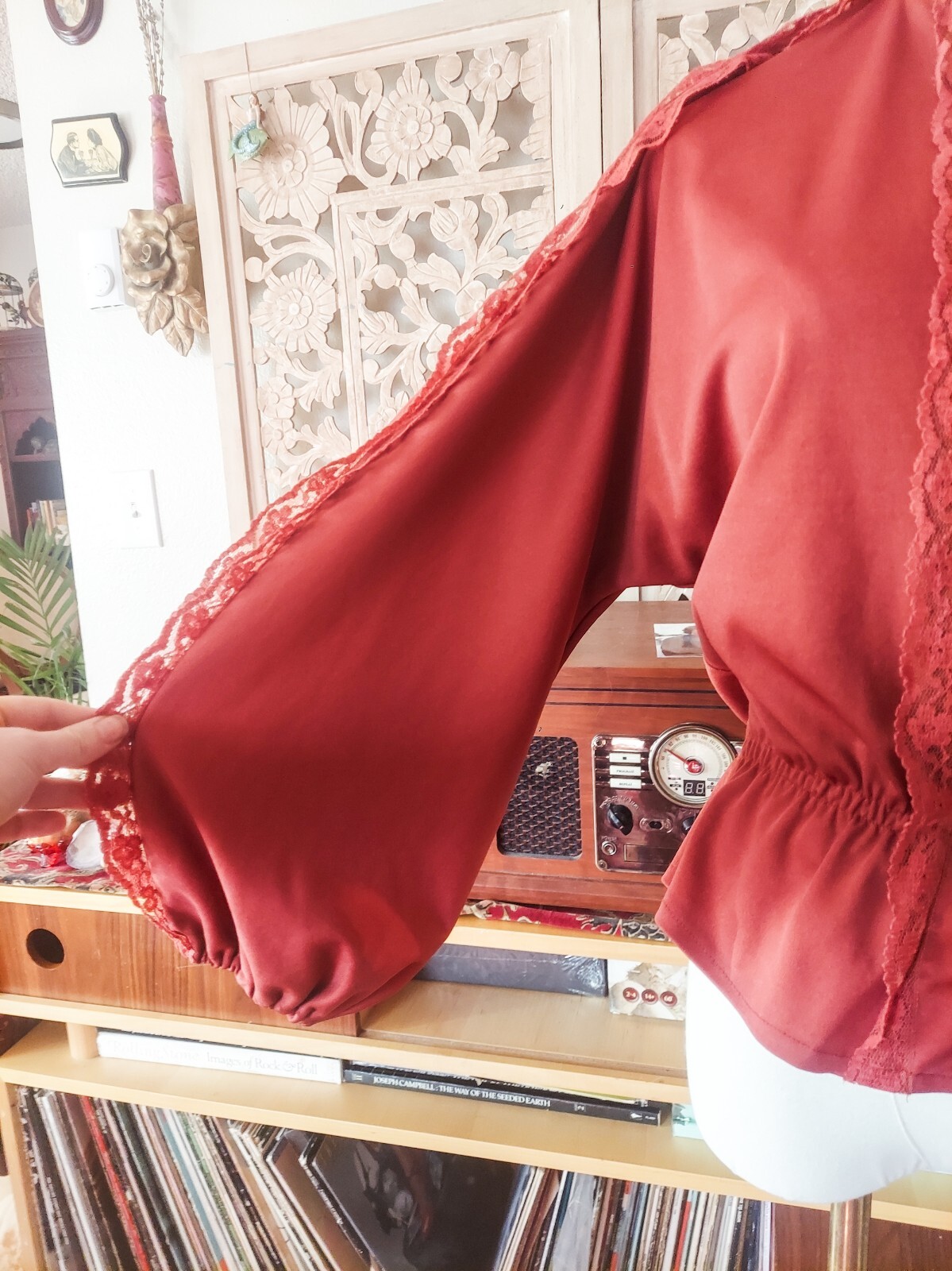 Vintage 1960s Richard Shops High Neck Lace Dolman Peplum Mod Victorian Blouse