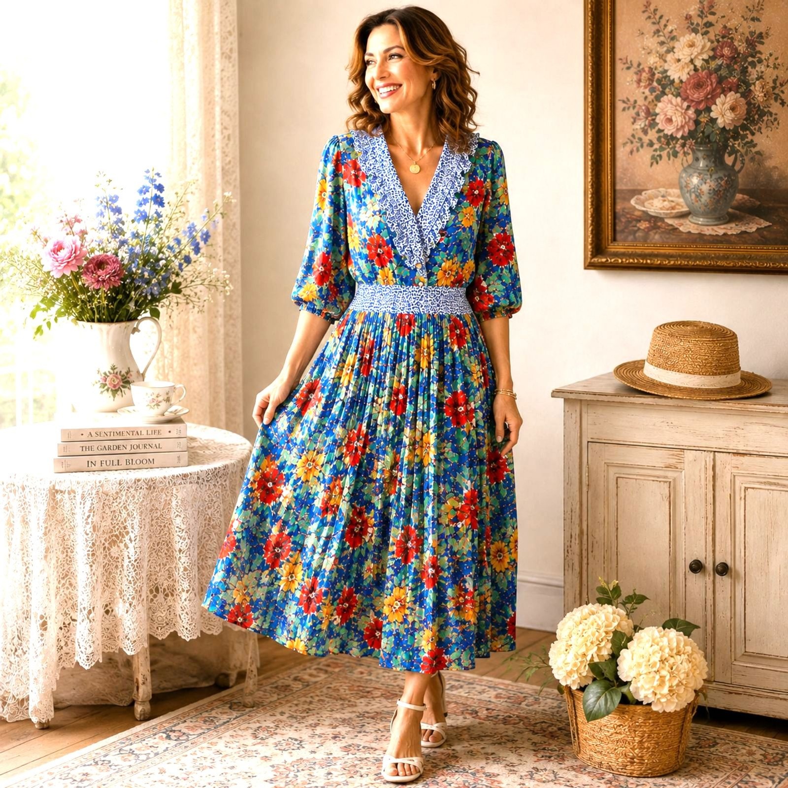 Vintage Susan Freis 1980s Bright Floral Pleated Midi Dress Size M