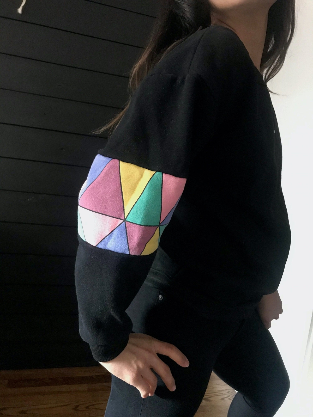 vtg 80s knit black sweatshirt pastel kite boho crewneck pullover small street