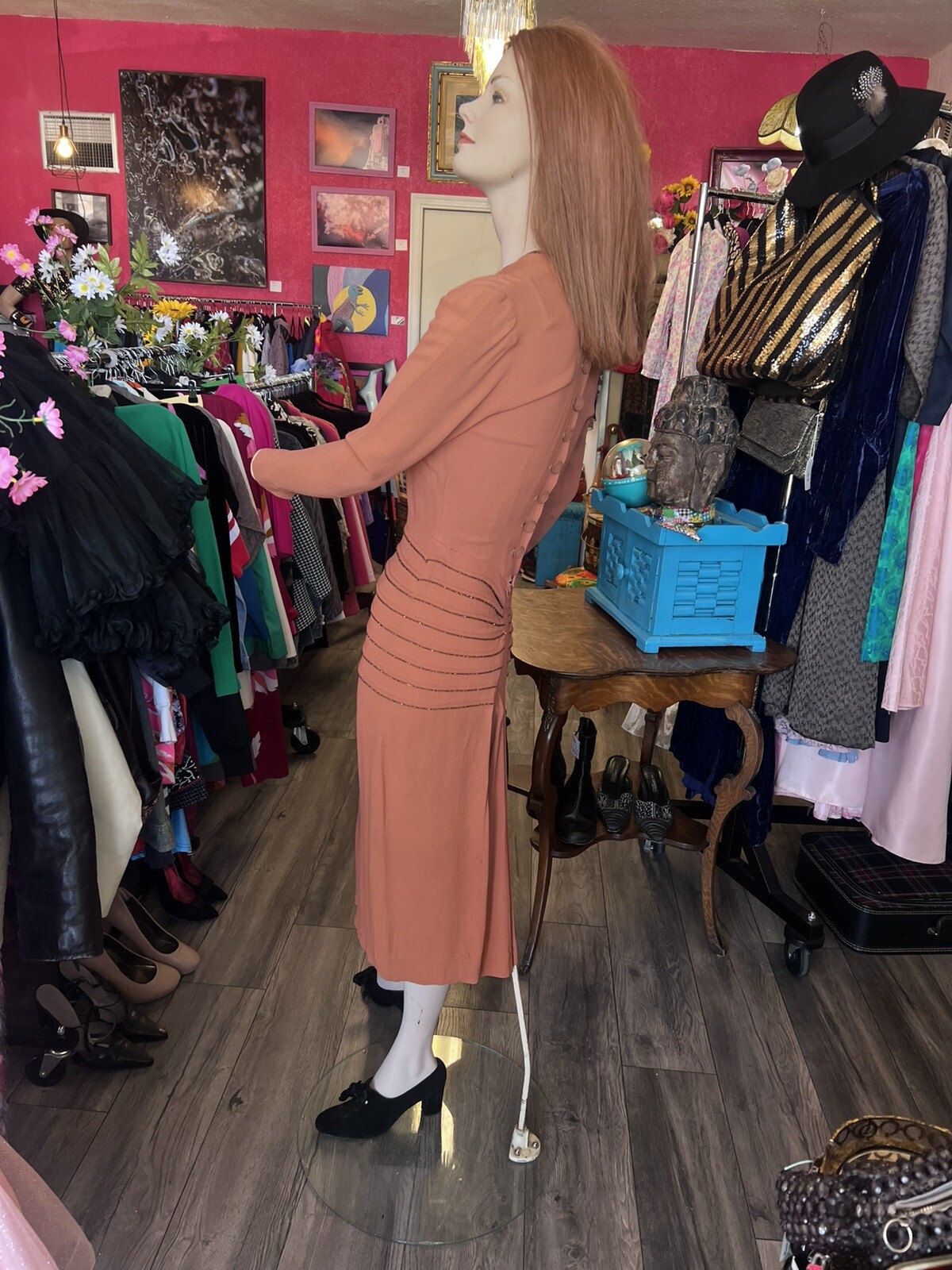 1940s Cinnamon Crepe Dress With Rust Beaded Waist And Fabric Covered Button Back