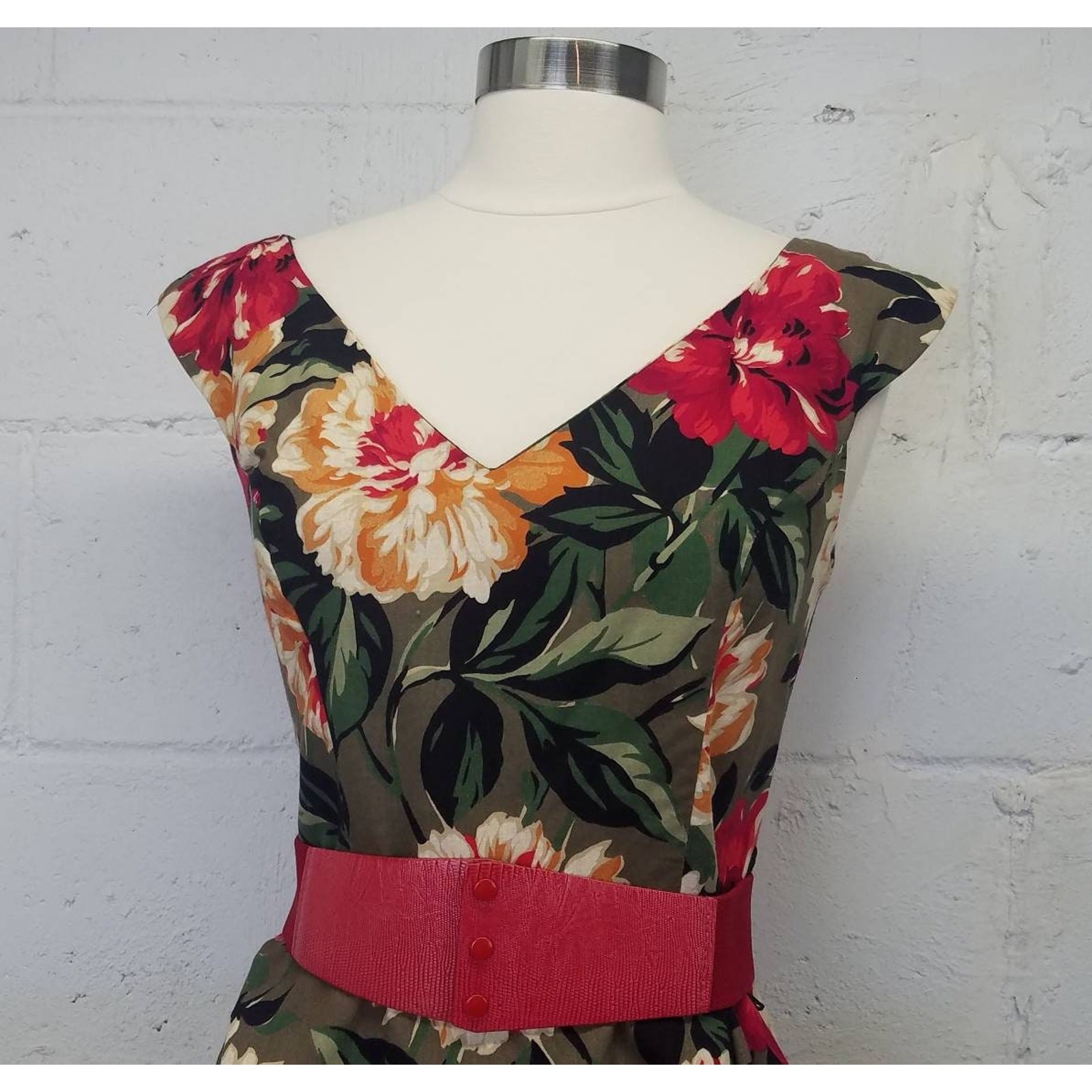Vtg 80s Polished Cotton Off The Shoulder Floral Novelty Print Dress Crinoline SM