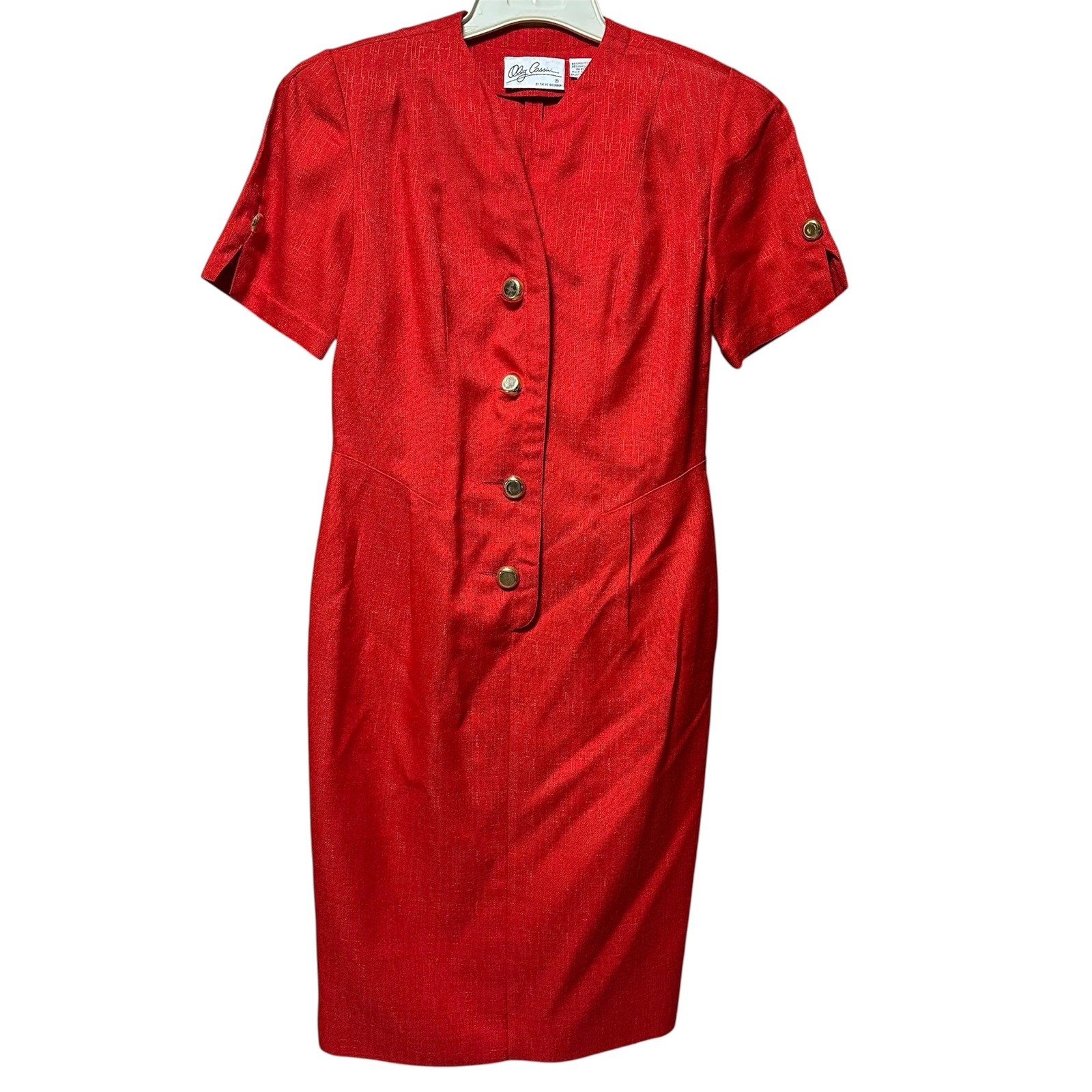 Vintage Oleg Cassini Red Button Front Sheath Dress Short Sleeve 80s Power Midi