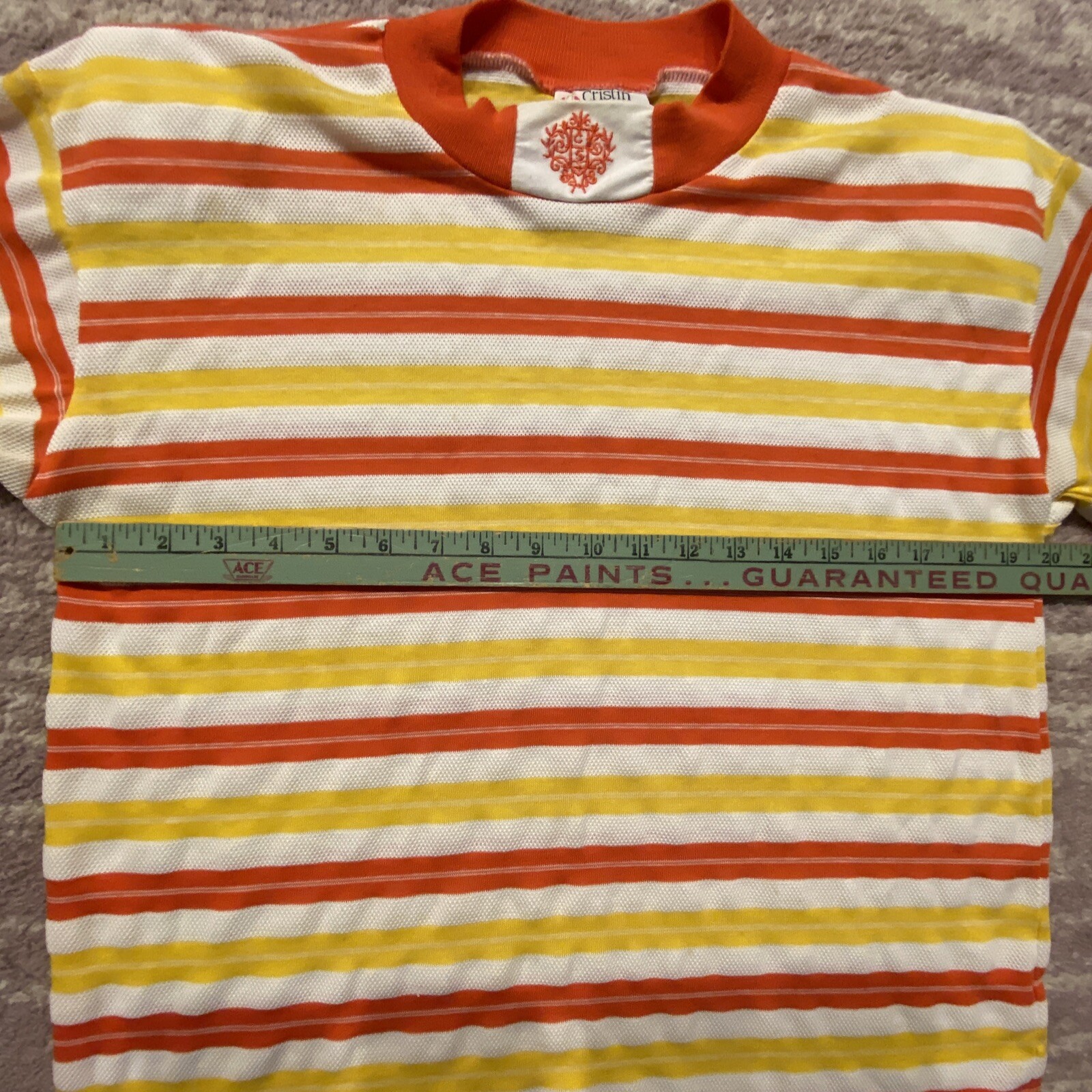VTG Cristin Stevens Weave Netting Shirt Orange Yellow Shoulder Pads Stripe L EUC