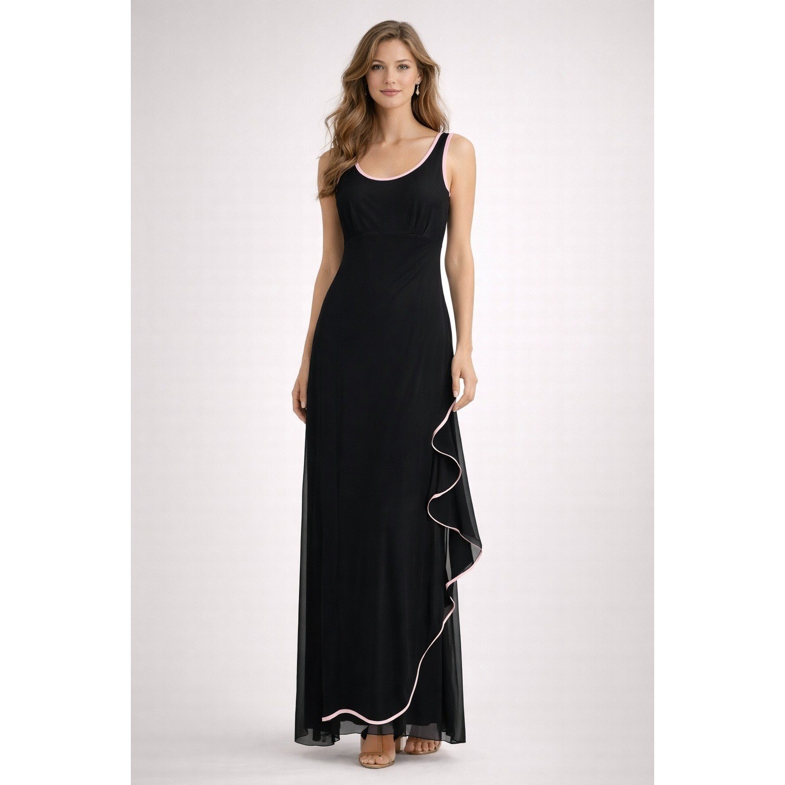 Bari Jay Black Chiffon Evening Gown Pink Trim Ruffle Formal Dress Size 4