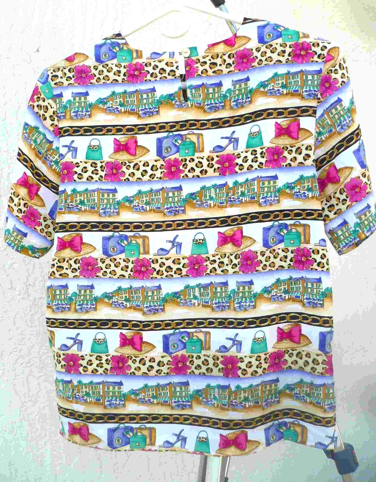VTG 80S JORDAN RARE LEOPARD VILLAGE CHAIN FLORAL FASHION PRINT BLOUSE WOMEN M S
