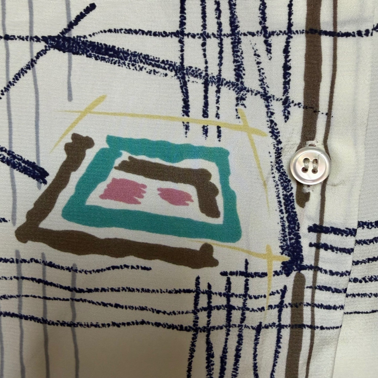 Bleyle Vintage 80s Geometric Grid Abstract Button Down Blouse White Red 12 READ