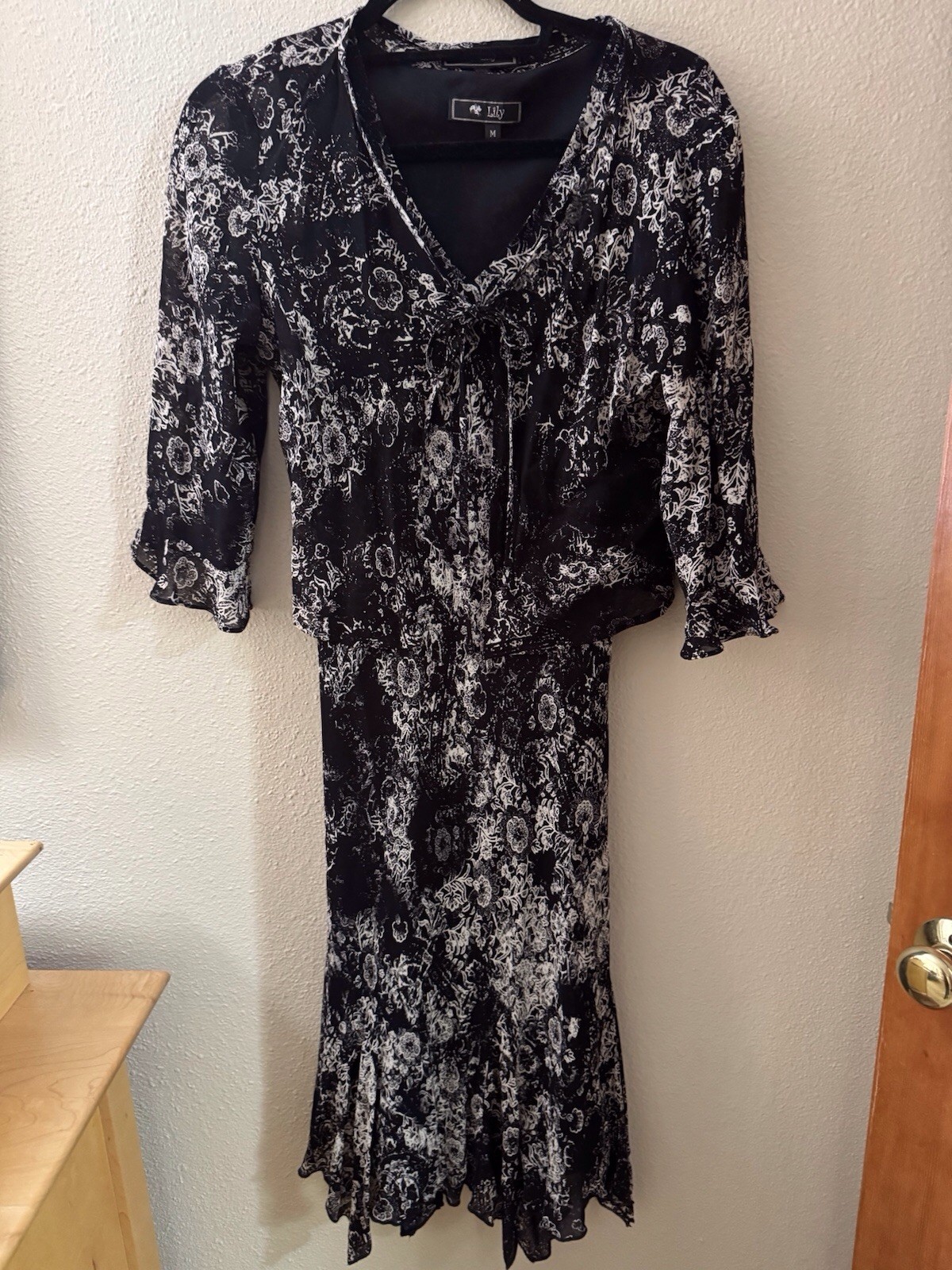 Vintage Lily Black And White Floral Dress With Ruffle Hem And Matching Jacket