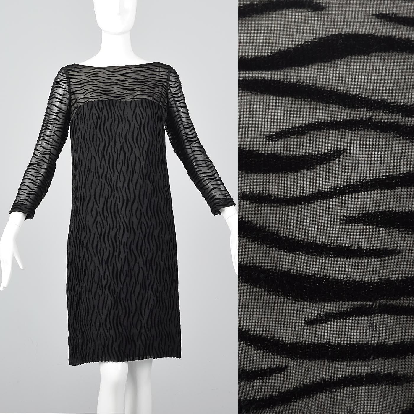 XS Vintage 1960s 60s Knee Length Little Black Dress Party Cocktail Shift Velvet