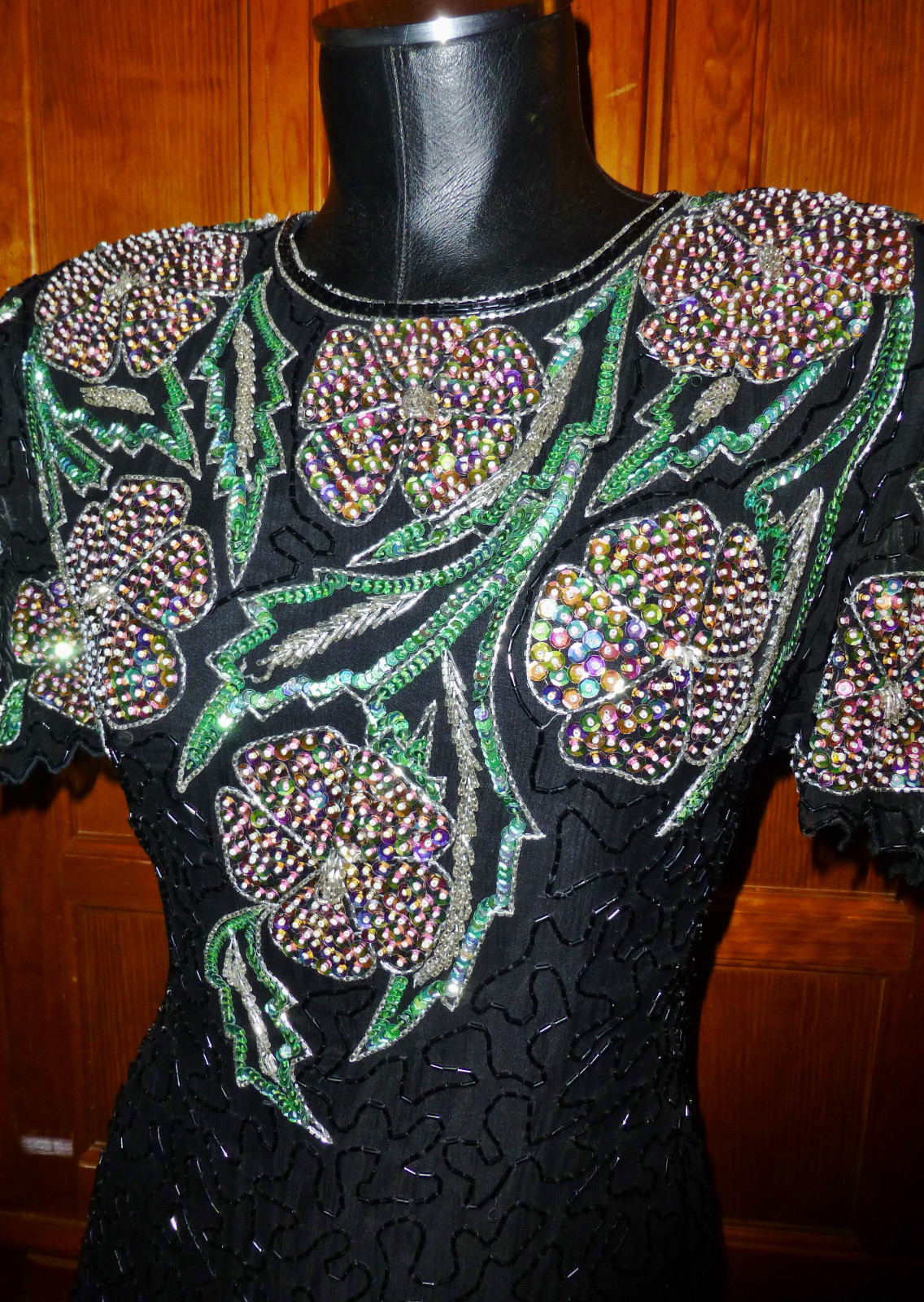 Vtg 80s SCALA Sequin Beads SILK Embroidery GLAM Cocktail Evening Party DRESS PL