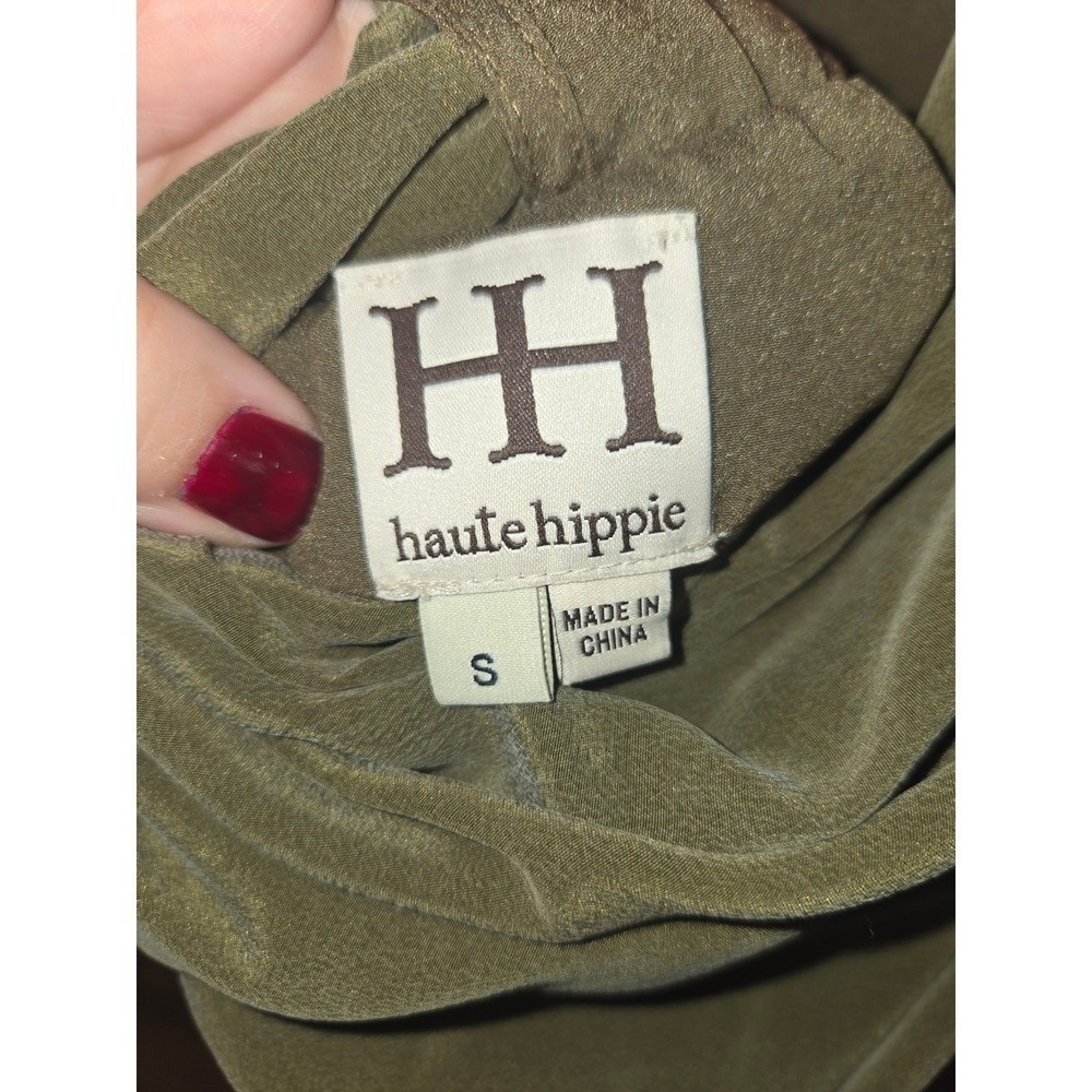 Haute Hippie Olive Green 100% Silk Grommet Studded Asymmetric Ruffle Dress Small