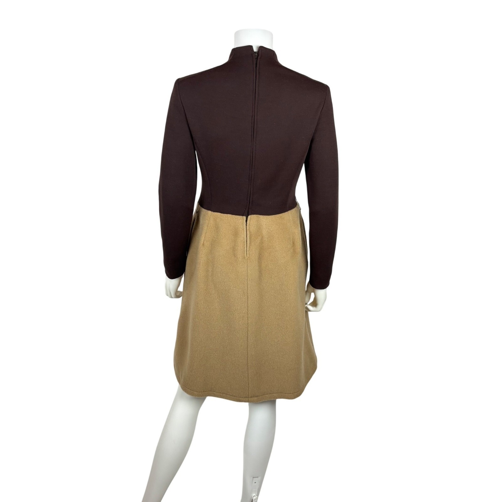 Vintage 60s Mod Dress Womens Small Wool Blend Brown Beige Knee Length Mockneck