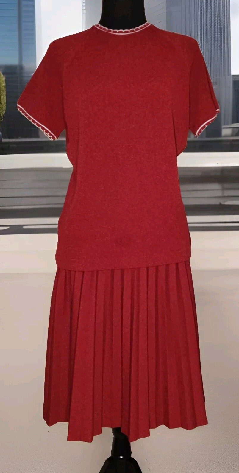 Vintage Talbott – Dark Red Knit 2 PC Tunic & Pleated Skirt Set – Size 16