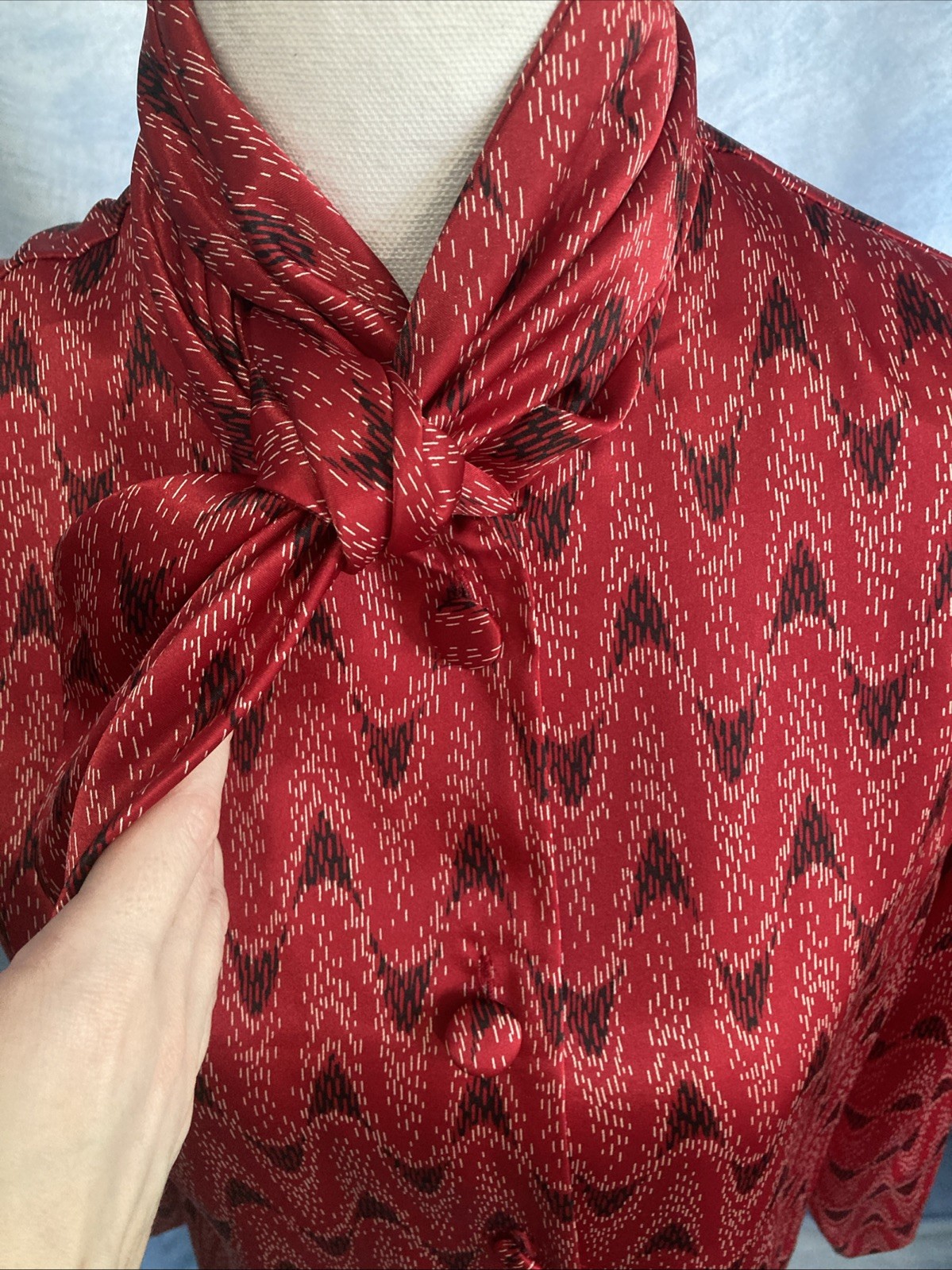VTG 70s Weathervane Secretary Blouse Asymmetric Button Red Ikat Chevron Tie Neck
