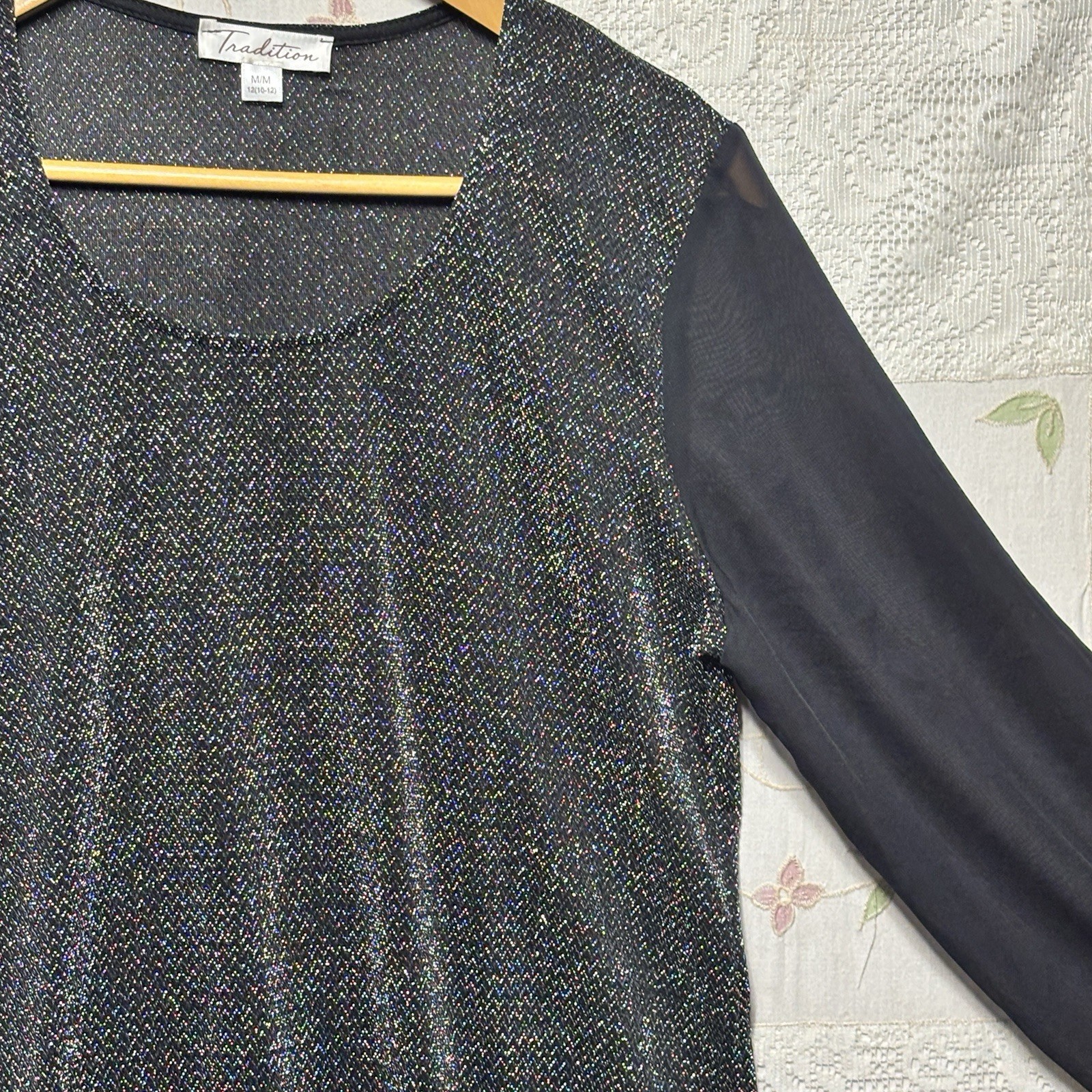 Vintage 90s Tradition Black Silver Metallic Sheer Sleeve Party Blouse M 10-12