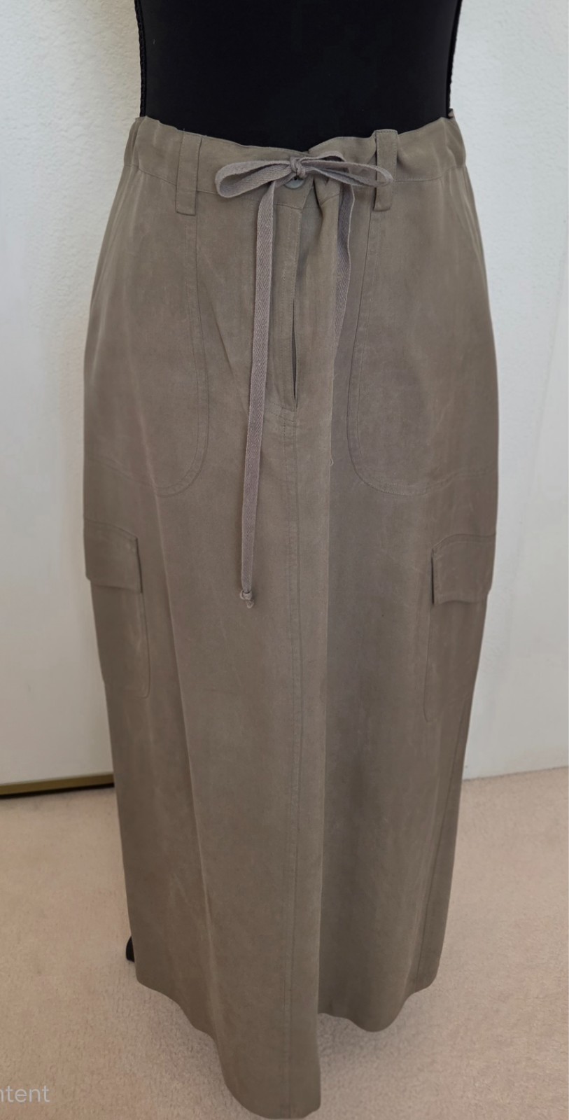 Vintage Carole Little Maxi Khaki Green Silk Cargo Skirt with adjustable waist