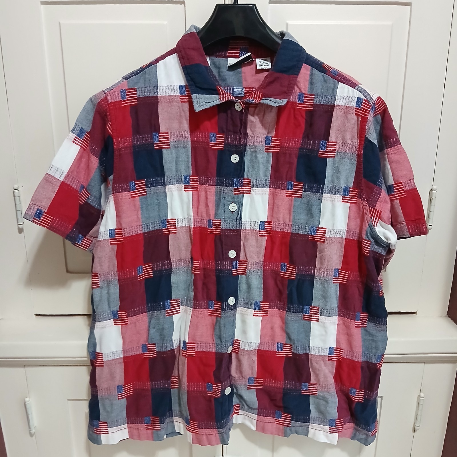 Vintage FASHION BUG Size 22/24 Blouse Shirt Top Plaid Red Blue White USA Flag