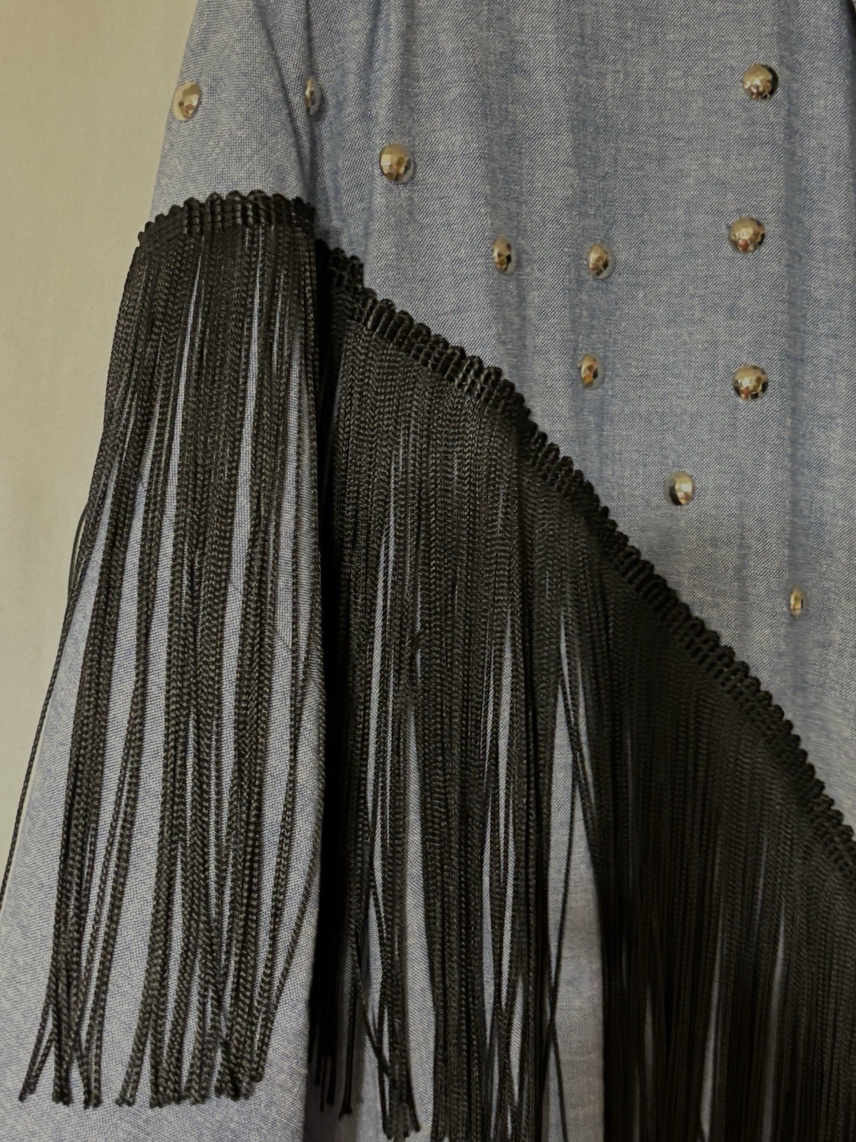 Vintage 80s Cowgirl Western Denim Fringe Midi Dress Large Button Up Long Sleeve