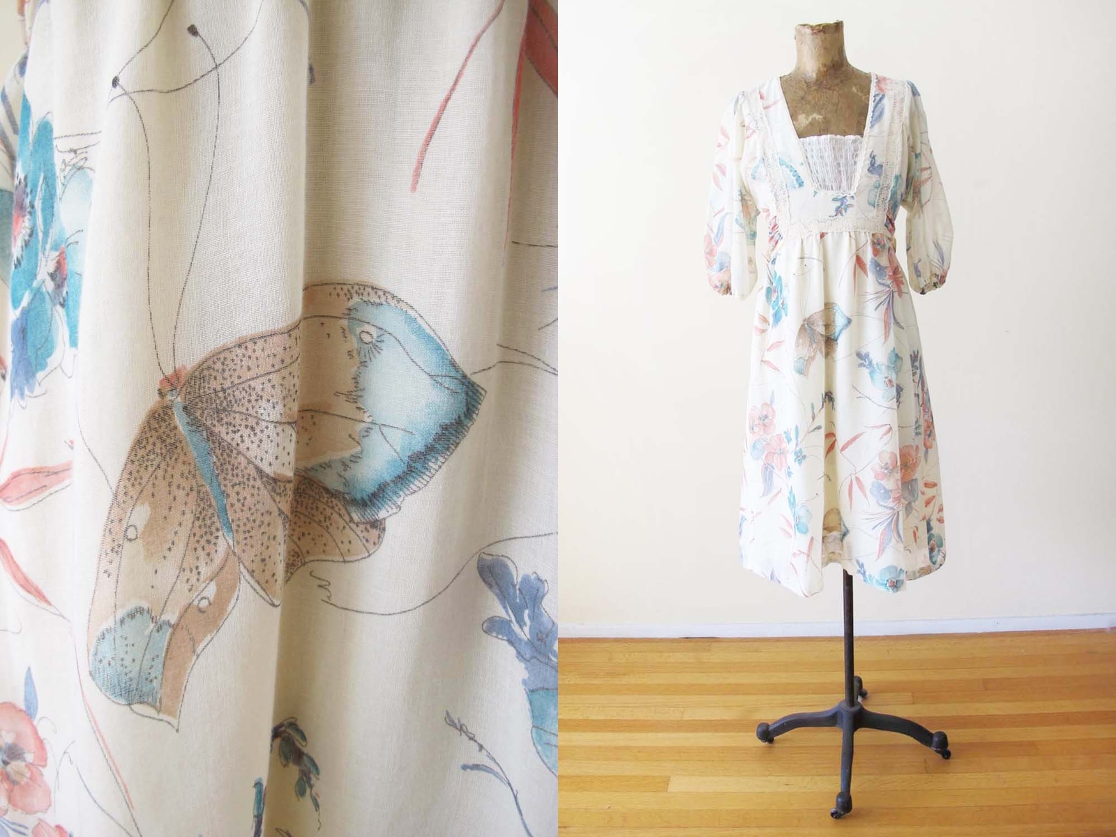1970s Butterfly Moth Insect Print Sundress S M – Vintage 70s Beige Neutral Poet