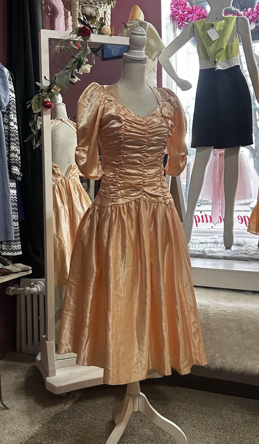 Vintage 80s Does 40s Liquid Satin Prom Party Dress Fit & Flare Peach Pink XS