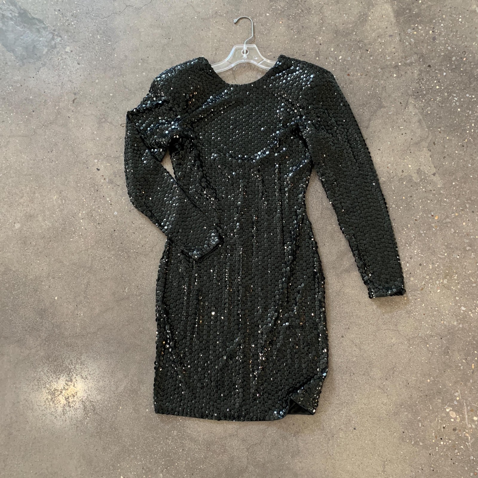 Vintage 90s Black Sequin Party Dress 6 Long Sleeve Shoulder Pad Evening Wear