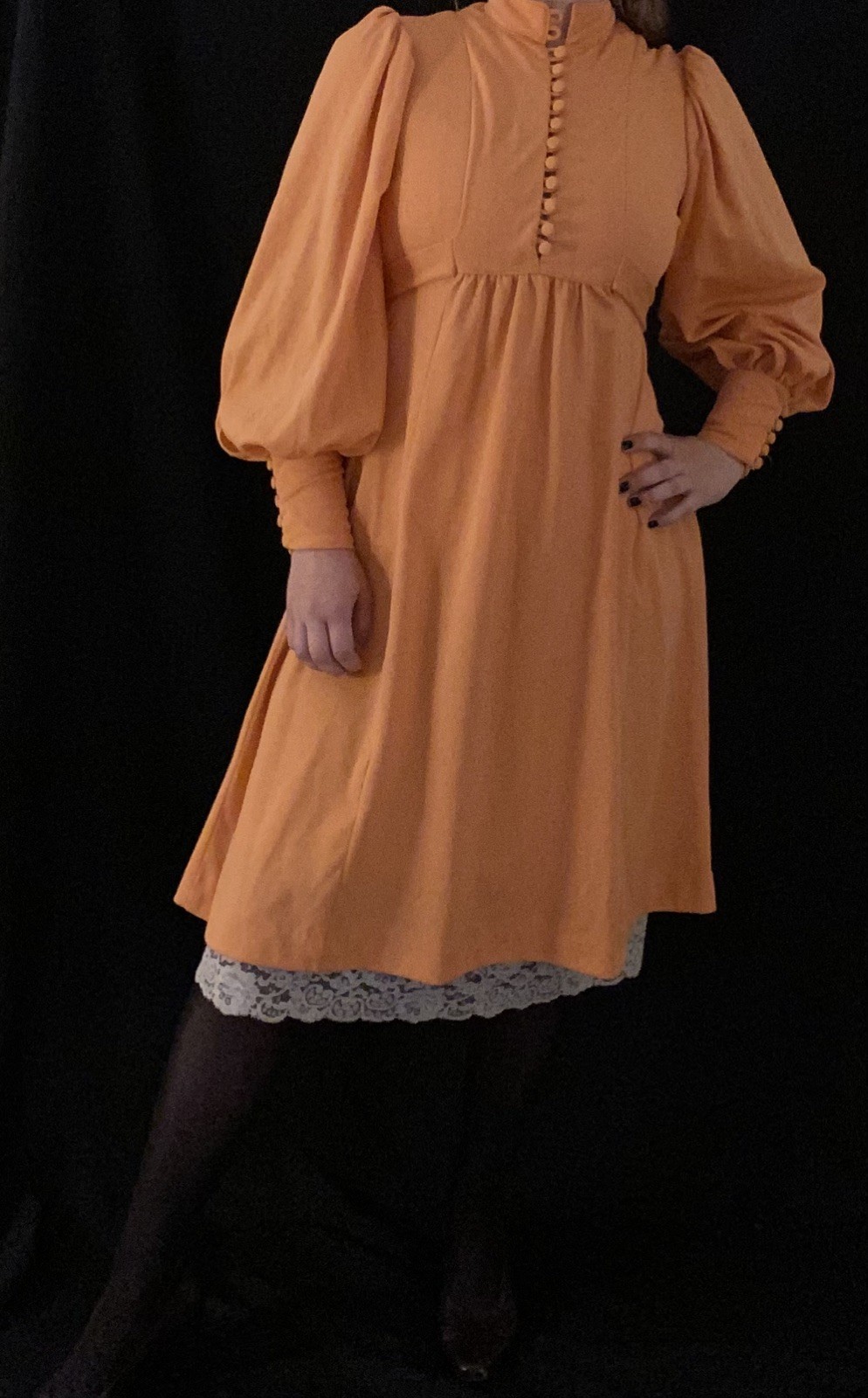 VINTAGE HANDMADE 1970s Orange Empire Waist Midi Dress Sz Small