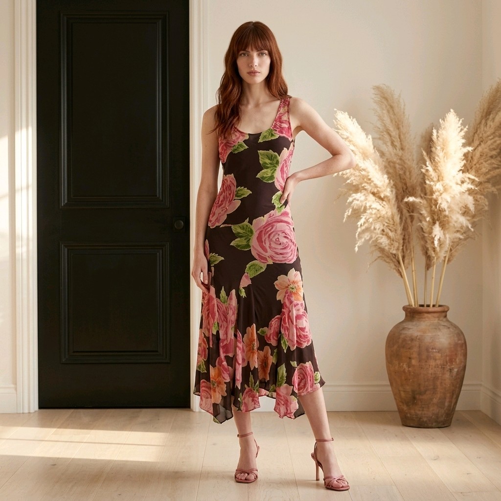 Vintage Y2K Brown Floral Tank Dress Pink Maxi Sequin Romantic Boho Size Large