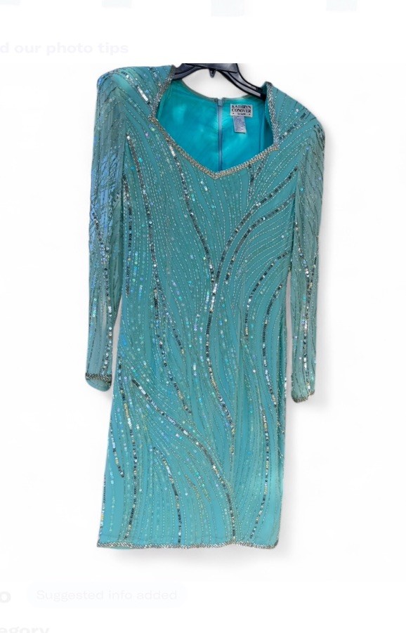 Vintage Kathryn Conover by Night Silk Sequin Beaded Dress Turquoise 80s Glam