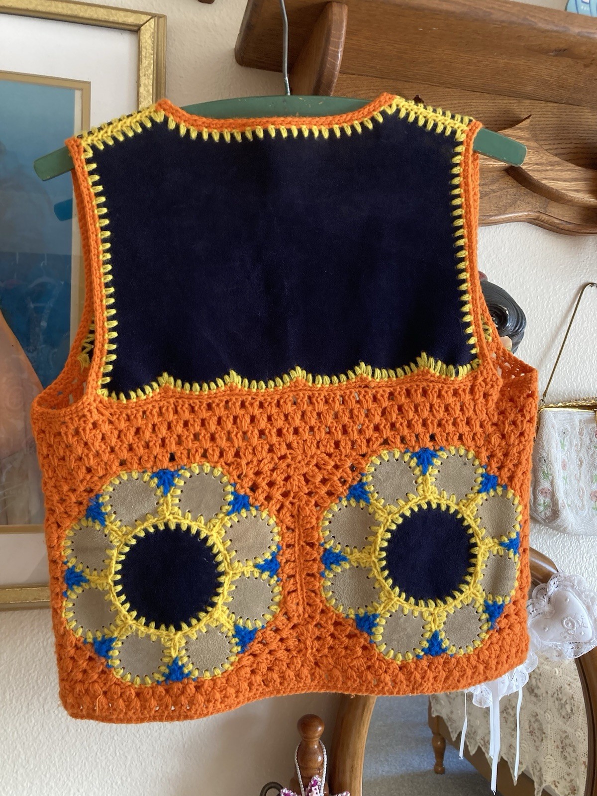 1970s Flower Power Suede Crochet Vest – Bust 34in