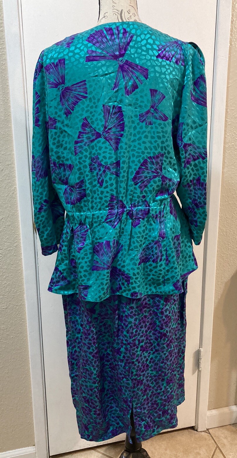 NORA NOH Asymmetric Blouse Maxi Skirt Set 100% Silk Jewel Green Purple Vtg 14