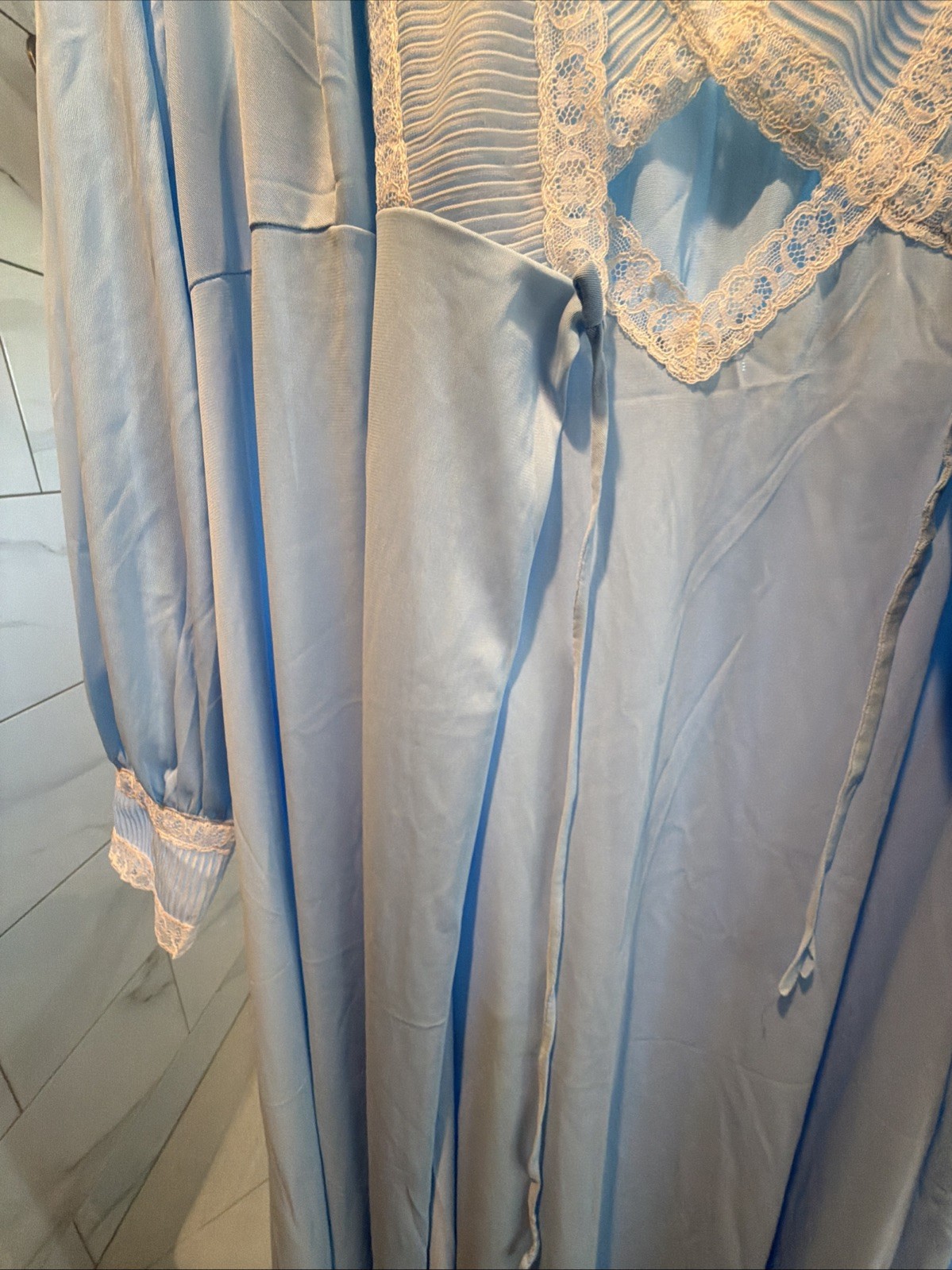 VTG I Do NYLON Lace Detail Baby Blue PEIGNOIR ROBE/NIGHTGOWN 2Pc SET Sz Small
