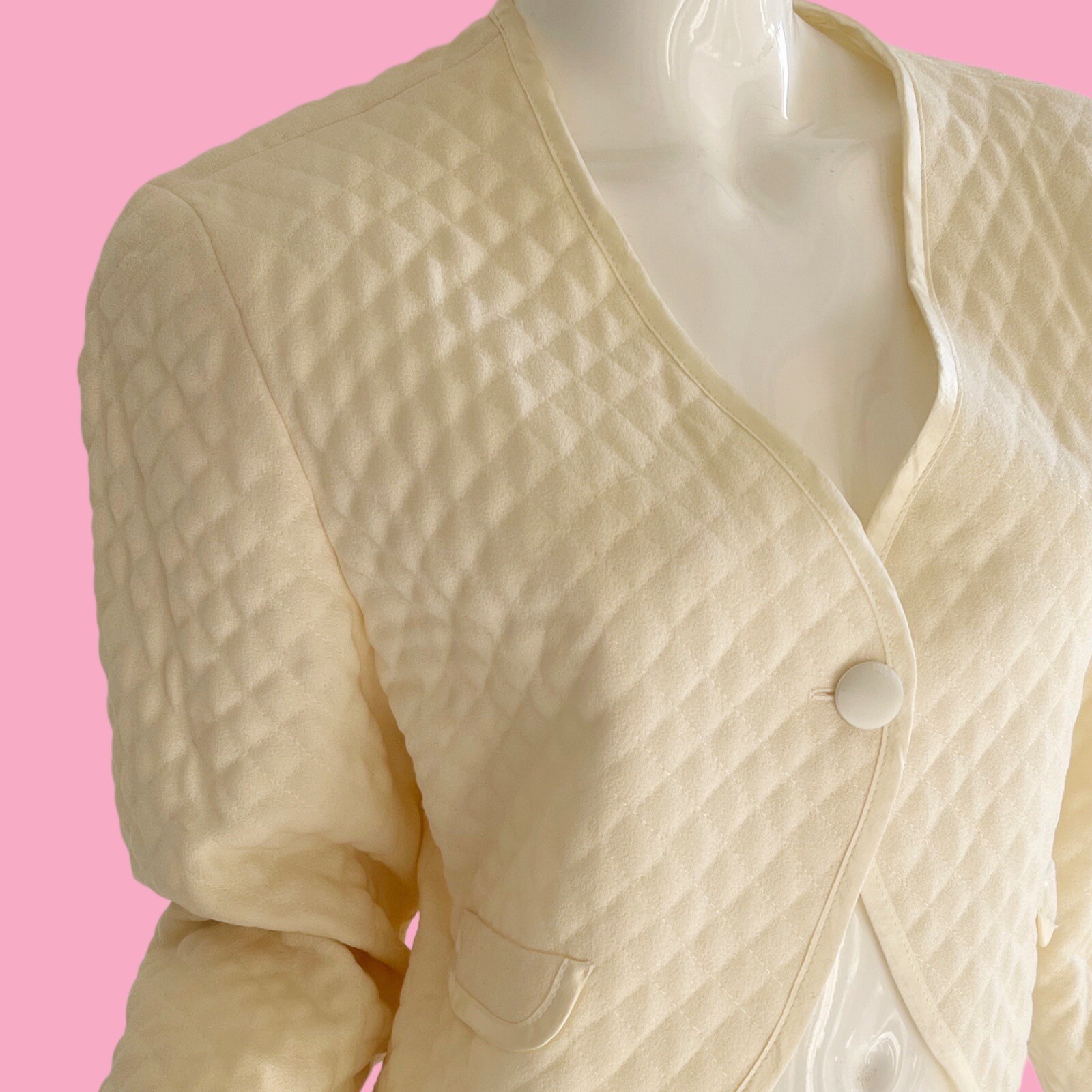 80s Geoffrey Beene Quilted Jacket Ivory Wool Tuxedo Mod Jacket Large