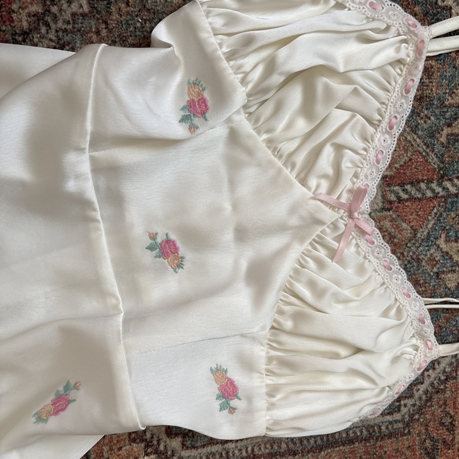 Emory Park Ivory Satin Slip Dress Floral Embroidery Pink Trim Size S No Stains