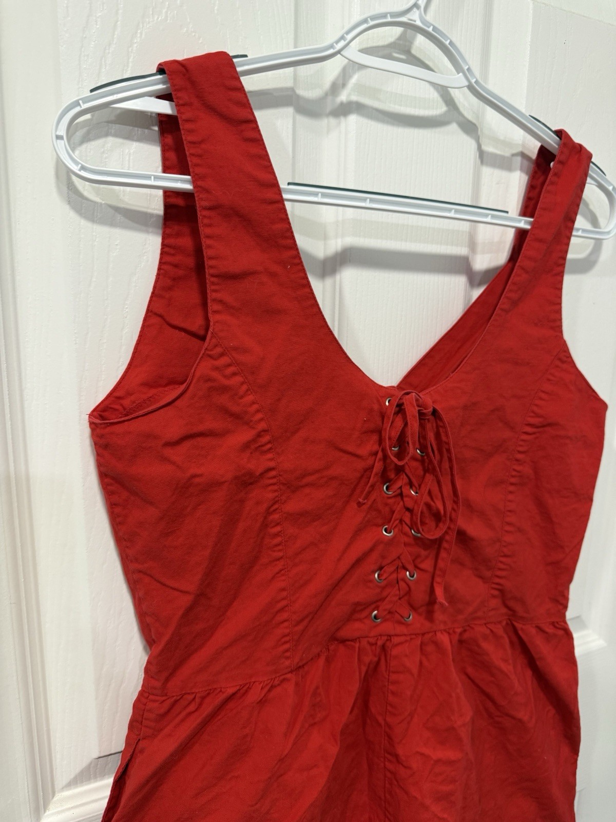 Vintage 1980s Red Romper Button Up Lace Back Pockets Size S Cotton Fashion Force