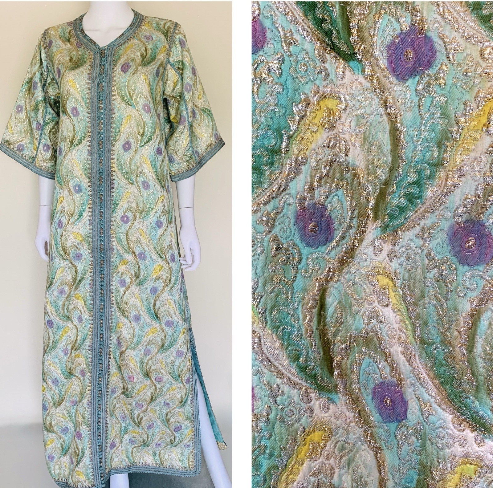 Vintage 1960s 70s Metallic Lurex Blue Purple Silver Caftan Moroccan Maxi Dress L