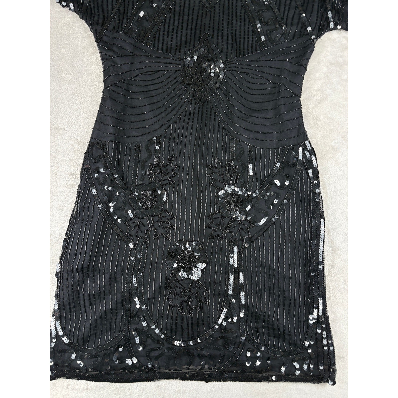 Vintage Carina Black Pure Silk Beaded Sequin Art Deco Flapper Mini Dress Medium