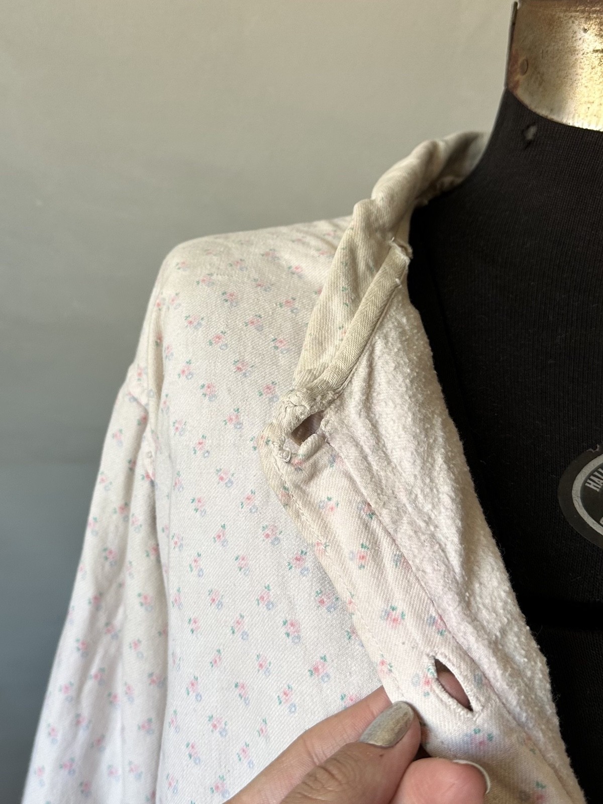 1920s 30s French Pink Flannel Dress Floral Pullover Nightgown Fade Repairs Worn